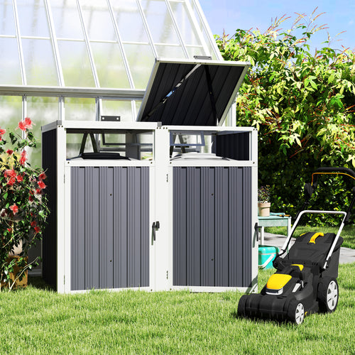 Double Garbage Bin Shed, Lockable Outdoor Storage Shed with Openable Lid, Galvanized Frame for Garden Patio, Dark Grey