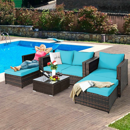 5 Pieces Patio Cushioned Rattan Furniture Set, Turquoise - Gallery Canada