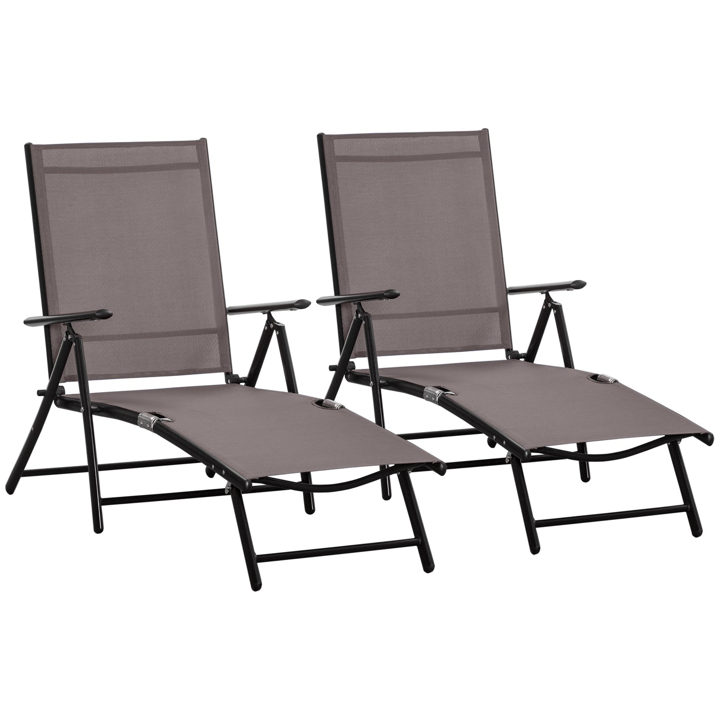 Outdoor Set of 2 Lounge Chair, Folding Reclining Garden Sun Lounger with Metal Frame, Adjustable Backrest for Patio, Deck, and Poolside, Brown Lounger Chairs   at Gallery Canada