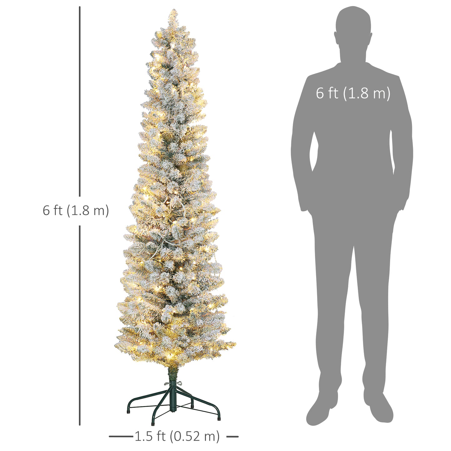 6ft Artificial Prelit Christmas Tree with Warm White LED Light, Snow Flocked Branches, Metal Base, Pencil Xmas Tree Pre Lit Christmas Trees   at Gallery Canada