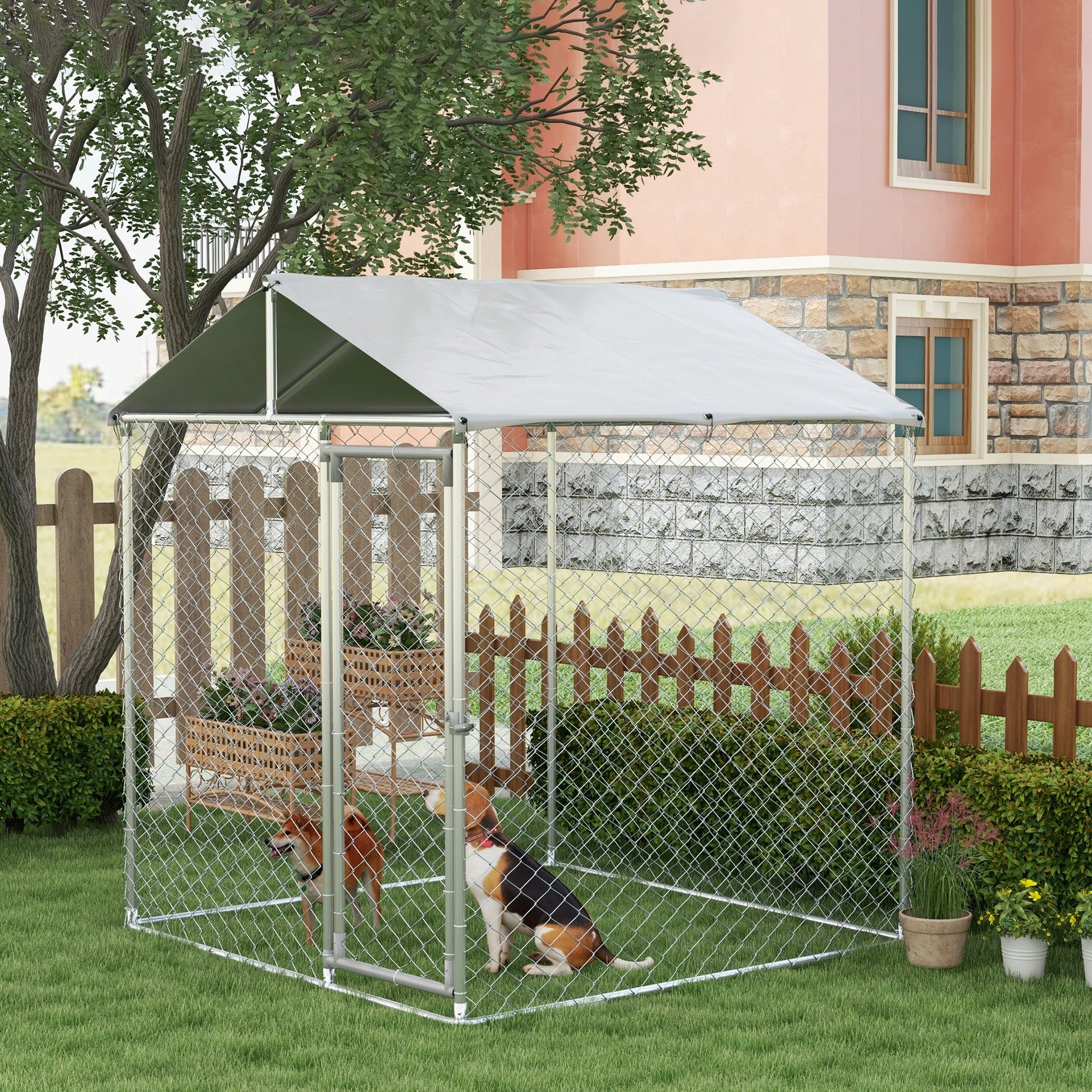 6.6' x 6.6' x 7.8' Walk in Outdoor Dog Kennel Heavy Duty Galvanised Steel Chain Link with UV-resistant Roof, Silver Houses, Kennels & Pens   at Gallery Canada