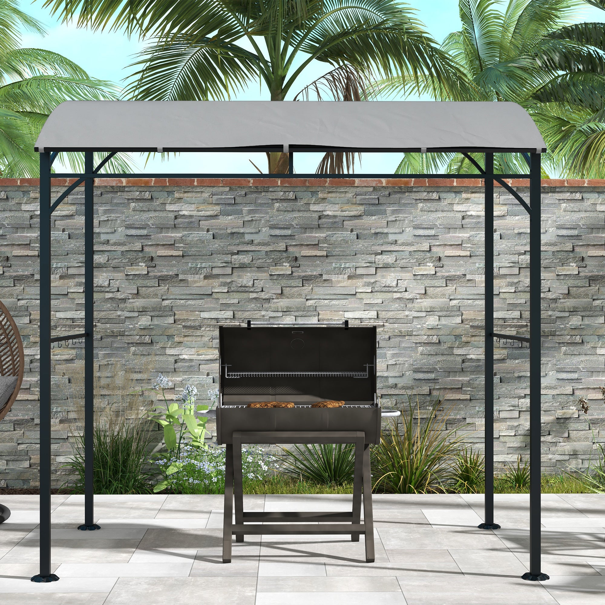 7' x 5' Garden Grill Canopy, BBQ Grill Gazebo Tent with Steel Frame and Hooks, Outdoor Sun Shade, Grey Gazebos at Gallery Canada