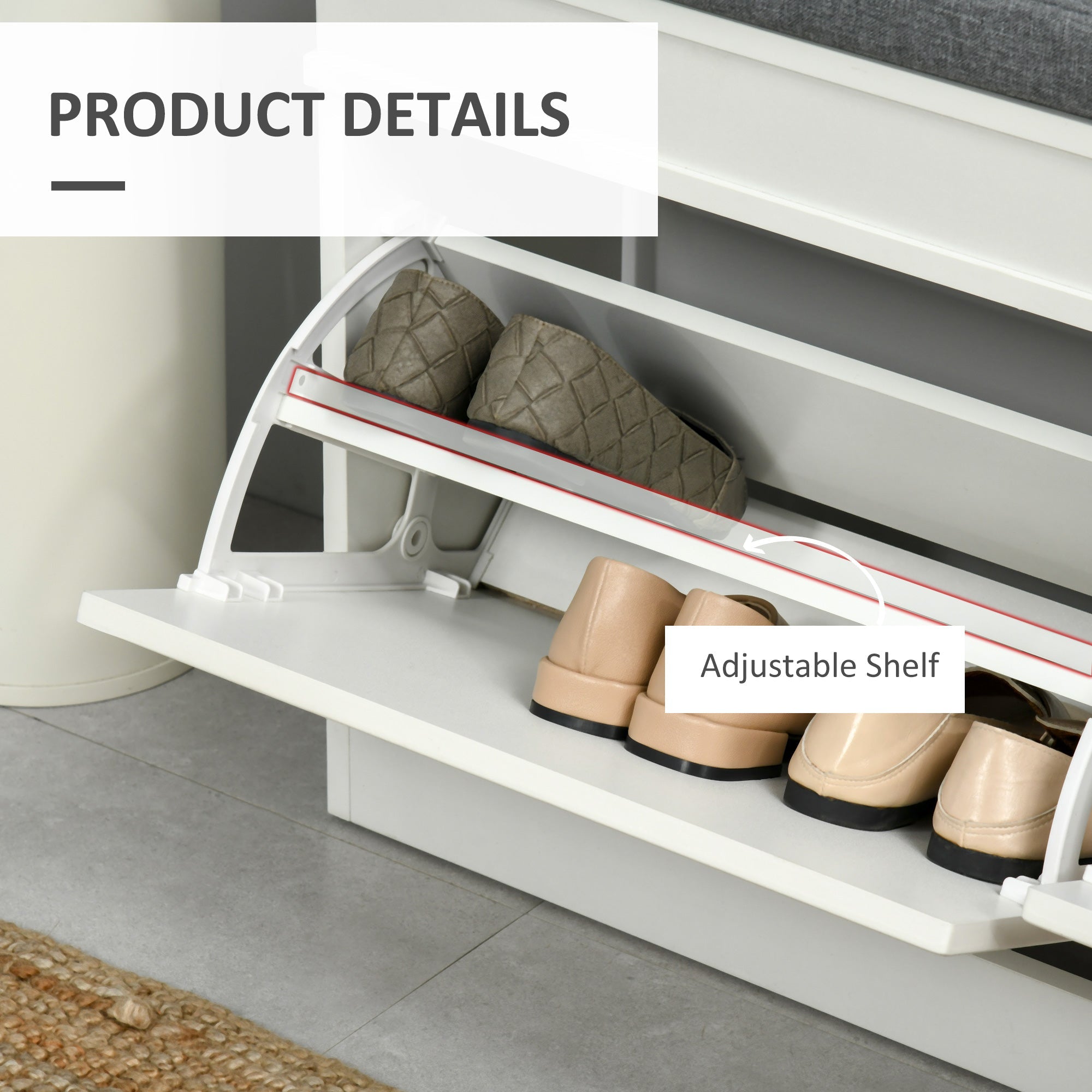 Shoe Bench, Shoe Storage Bench for Entryway, Entrance Bench with Cushion, 2 Flip Drawers and Adjustable Shelf for Hallway, Holds 8 Pairs, White Shoe Storage Cabinets & Racks   at Gallery Canada