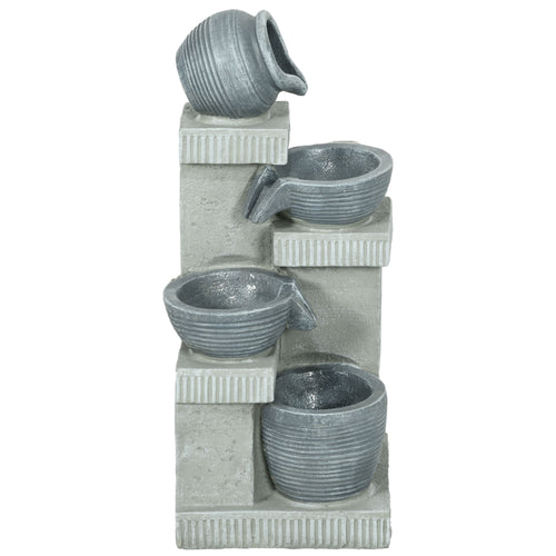 4-Tiered Outdoor Jar and Bowls Water Fountain with LED Lights, Adjustable Flow, 26.4-inch Resin Waterfall Fountain