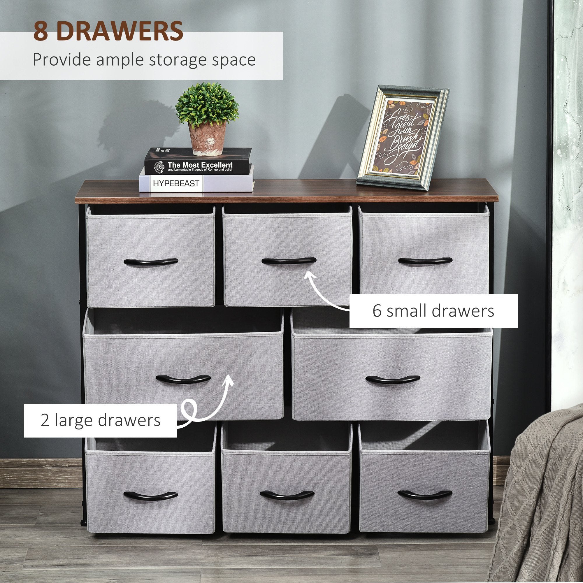 8-Bin Dresser, 3-Tier Fabric Chest of Bins, Storage Tower Organizer Unit with Steel Frame Wooden Top for Living Room, Hallway, Grey Storage Cabinets   at Gallery Canada