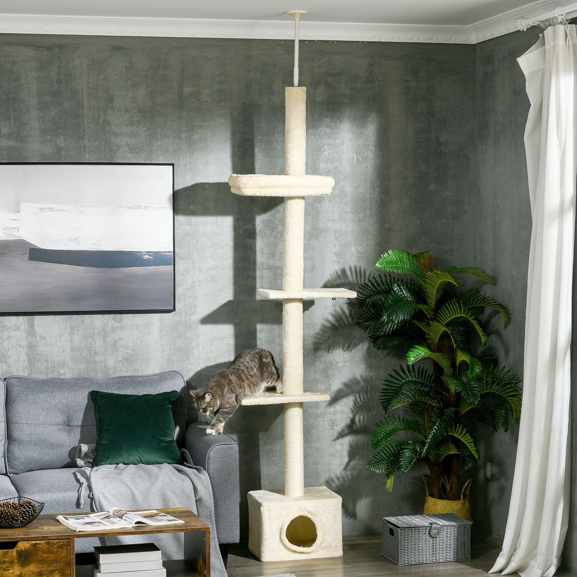 Floor to Ceiling Cat Tree with Scratching Post for Indoor Cats, Adjustable Height Cat Tower (91-102 Inches) with House, Bed, Beige Floor to Ceiling Cat Trees at Gallery Canada