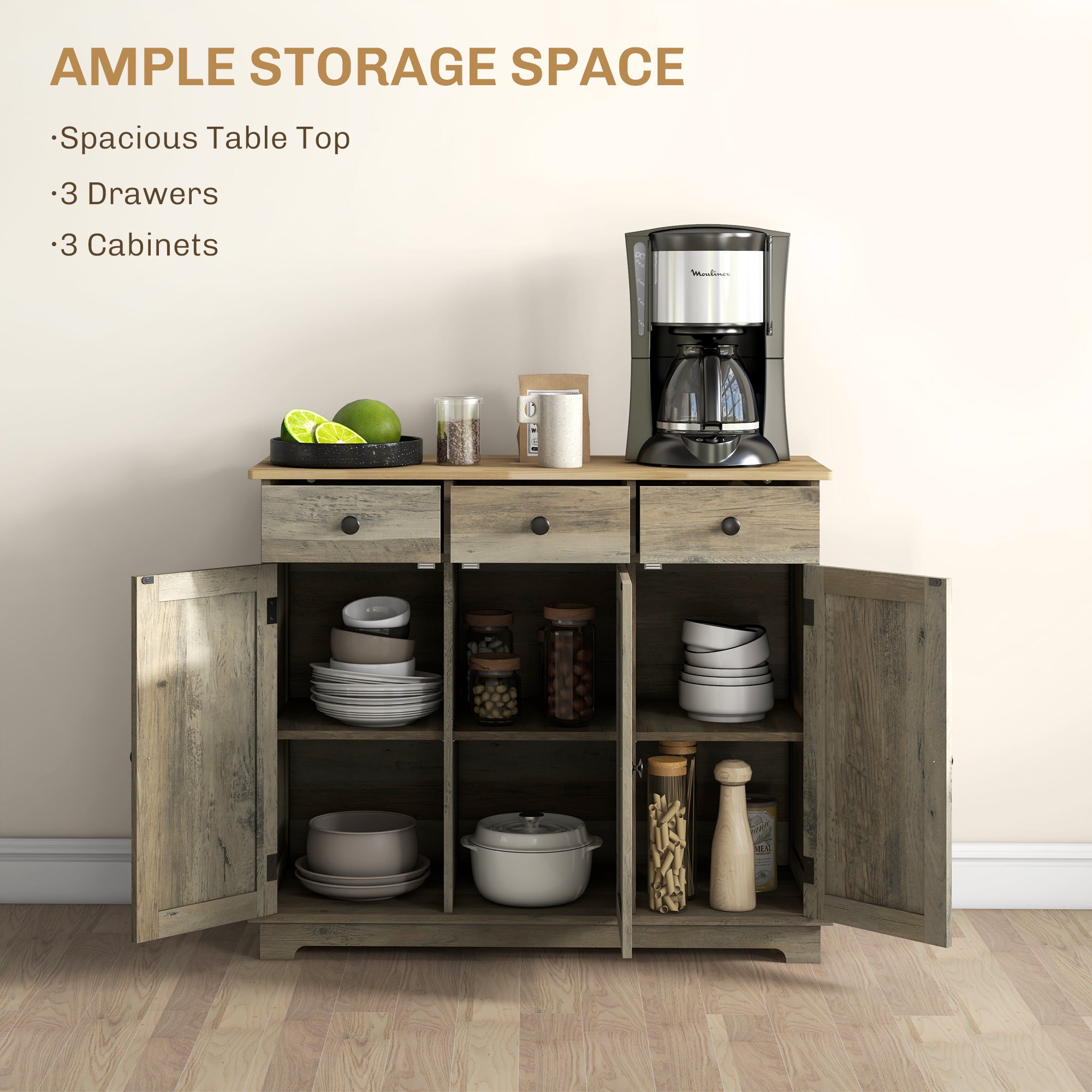 Modern Sideboard, Buffet Cabinet with Storage Cabinets, Drawers and Adjustable Shelves for Living Room, Washed Grey Bar Cabinets at Gallery Canada