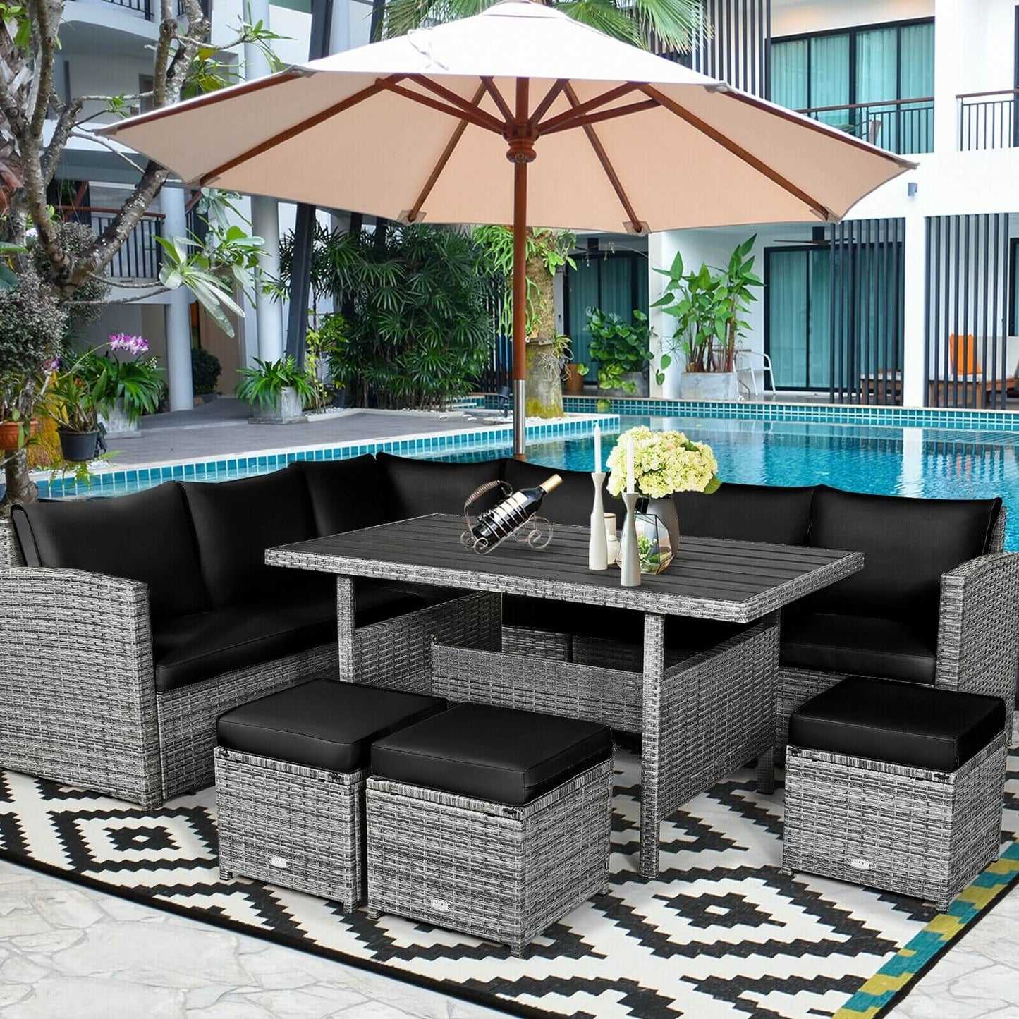 7 Pieces Patio Rattan Dining Furniture Sectional Sofa Set with Wicker Ottoman, Black Outdoor Sectionals   at Gallery Canada