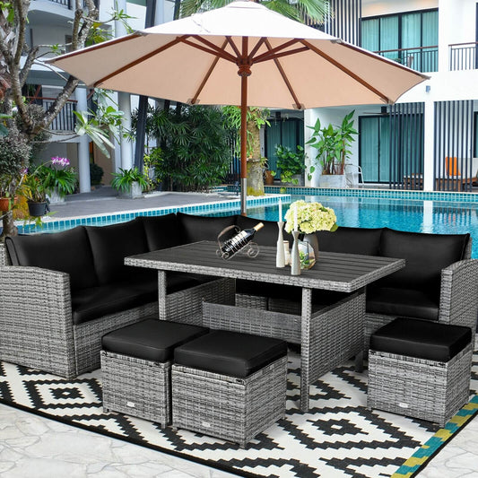 7 Pieces Patio Rattan Dining Furniture Sectional Sofa Set with Wicker Ottoman, Black Outdoor Sectionals Black  at Gallery Canada