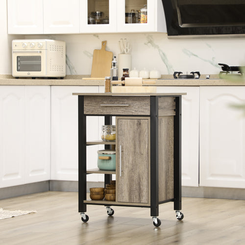 Kitchen Trolley Utility Cart on Wheels with Storage Shelves &; Drawer for Dining Room, Dark Oak