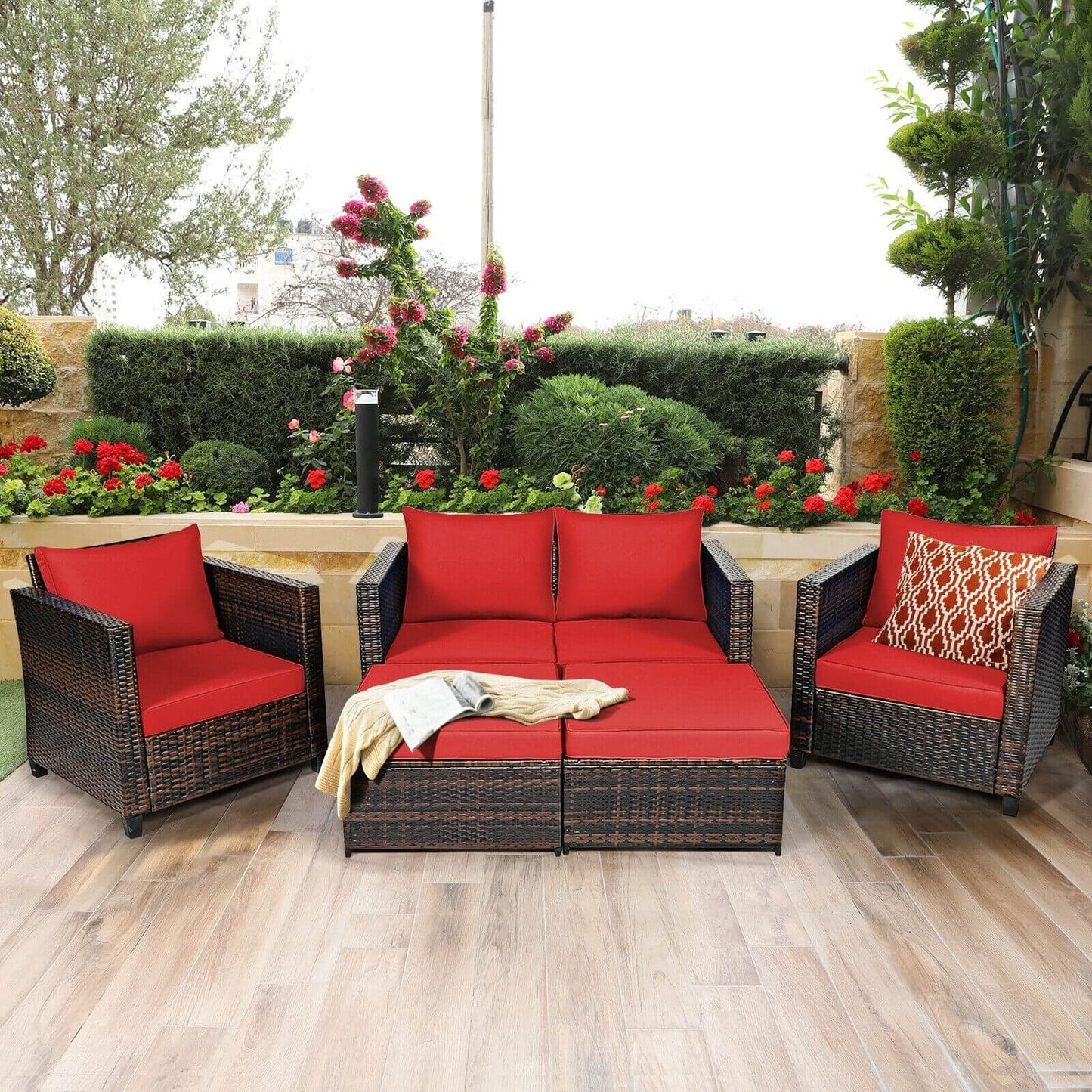 5 Pieces Patio Cushioned Rattan Furniture Set, Red Outdoor Sectionals   at Gallery Canada