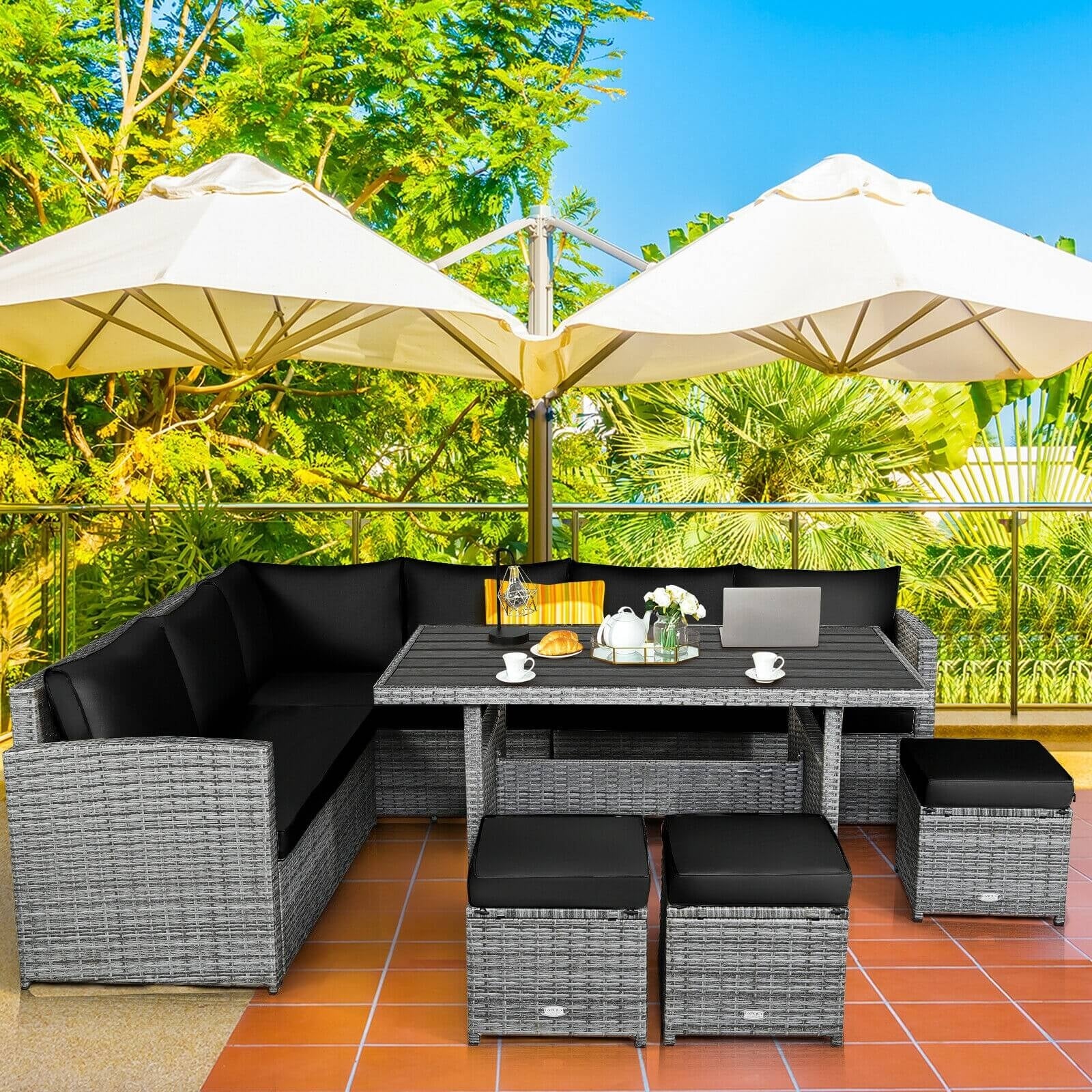 7 Pieces Patio Rattan Dining Furniture Sectional Sofa Set with Wicker Ottoman, Black Outdoor Sectionals   at Gallery Canada