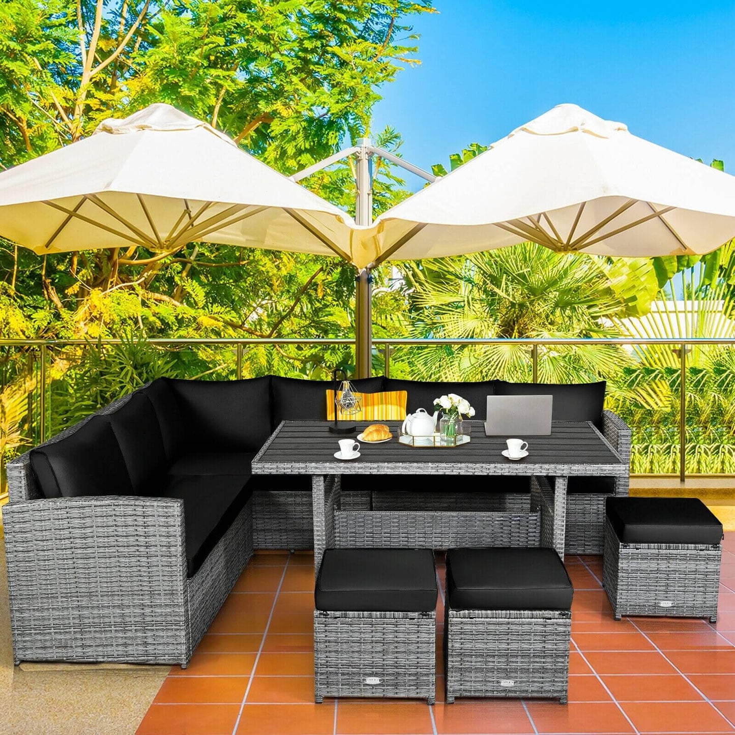 7 Pieces Patio Rattan Dining Furniture Sectional Sofa Set with Wicker Ottoman, Black Outdoor Sectionals   at Gallery Canada