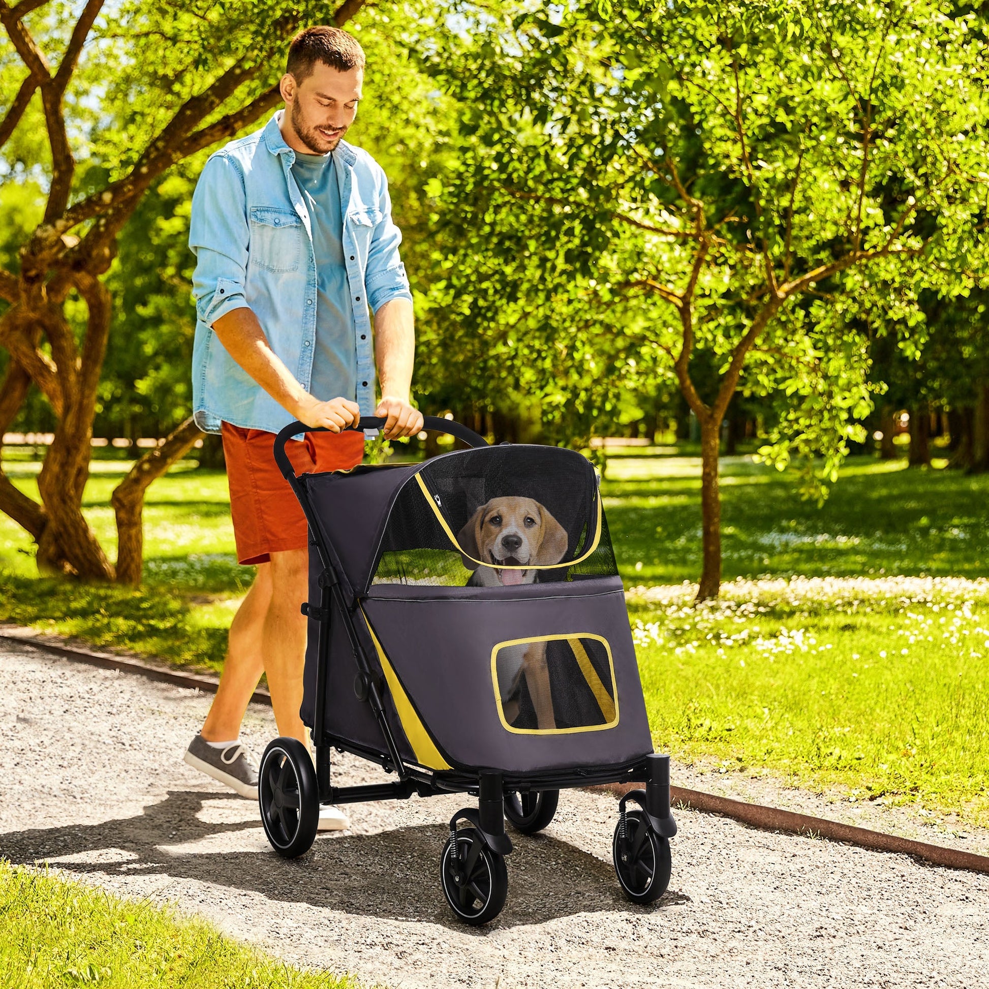 Foldable Pet Stroller with Shock Absorber, Brakes, Storage, Safety Leash, Dark Gray Dog Bike Trailers & Strollers   at Gallery Canada