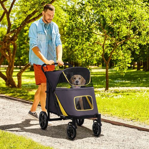 Foldable Pet Stroller with Shock Absorber, Brakes, Storage, Safety Leash, Dark Gray