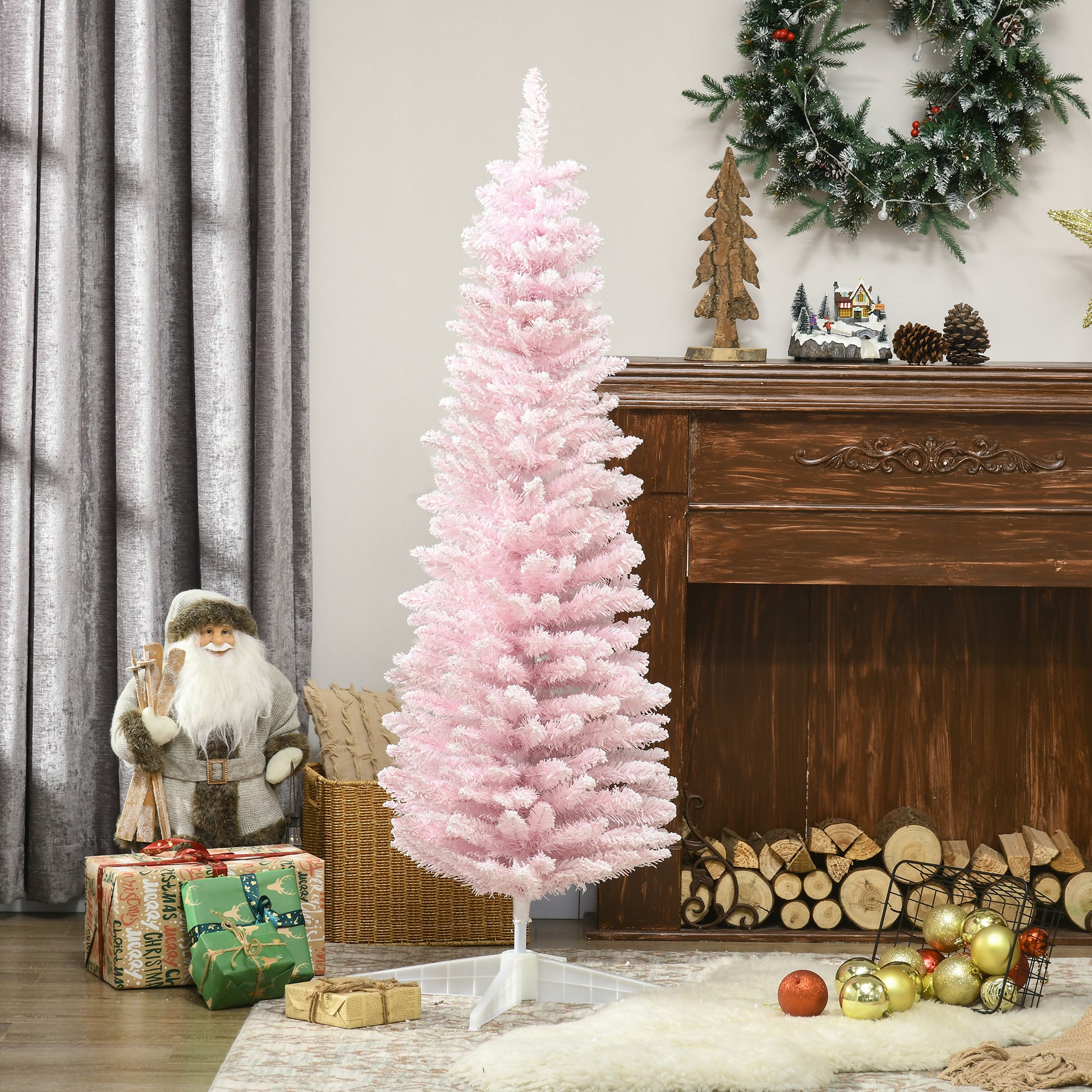 5ft Flocked Christmas Tree, Pencil Artificial Christmas Tree with Realistic Branches, Pink Pencil Christmas Trees Pink  at Gallery Canada