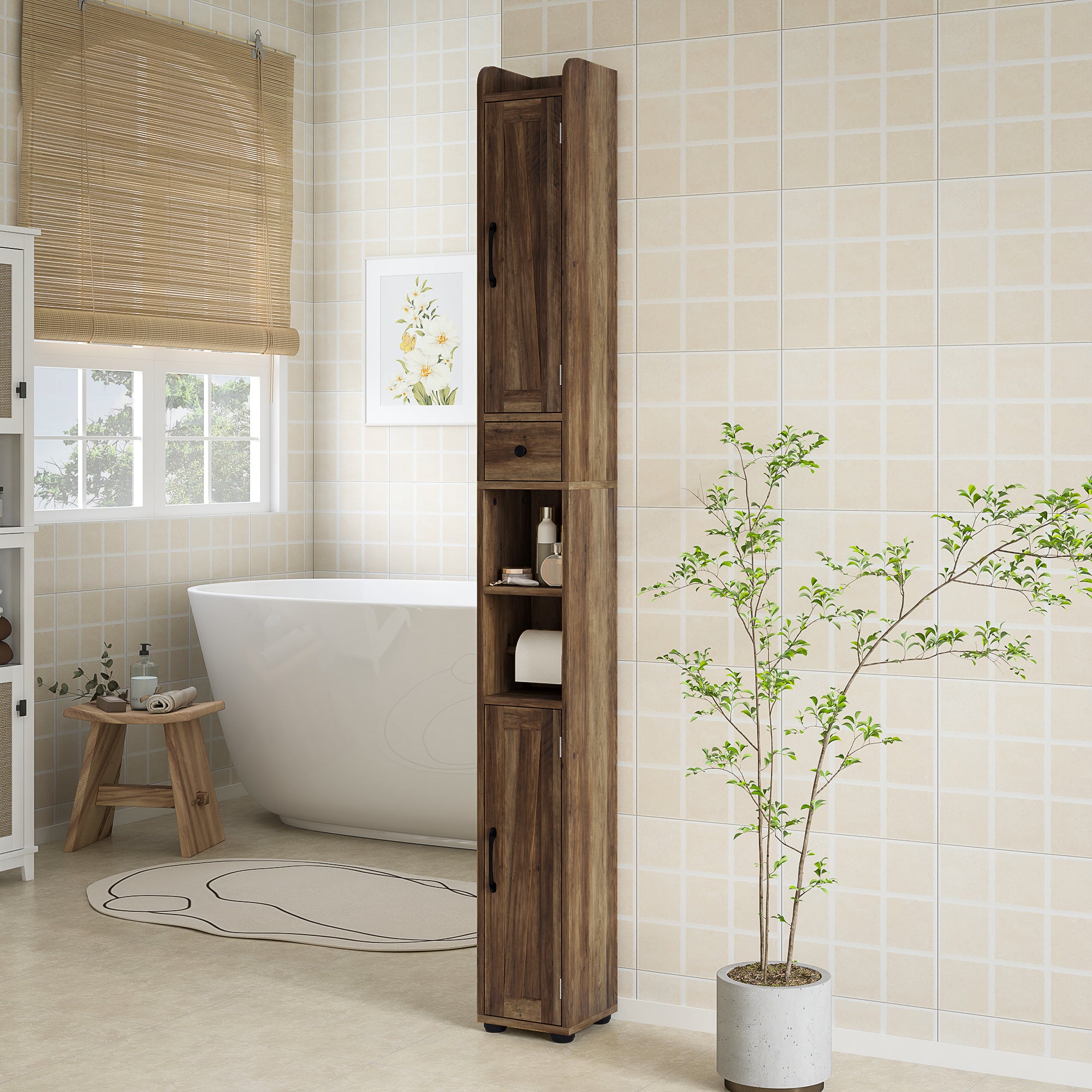 Narrow Bathroom Cabinet, Tall Bathroom Storage Cabinet with Barn Doors, Drawer and Adjustable Shelves, Brown Wood Grain Bathroom Cabinets at Gallery Canada