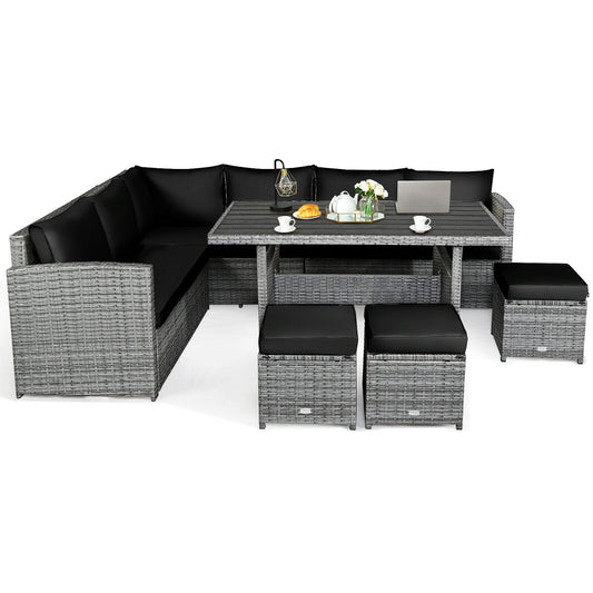 7 Pieces Patio Rattan Dining Furniture Sectional Sofa Set with Wicker Ottoman, Black Outdoor Sectionals Black  at Gallery Canada