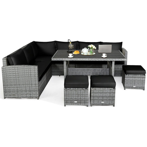 7 Pieces Patio Rattan Dining Furniture Sectional Sofa Set with Wicker Ottoman, Black