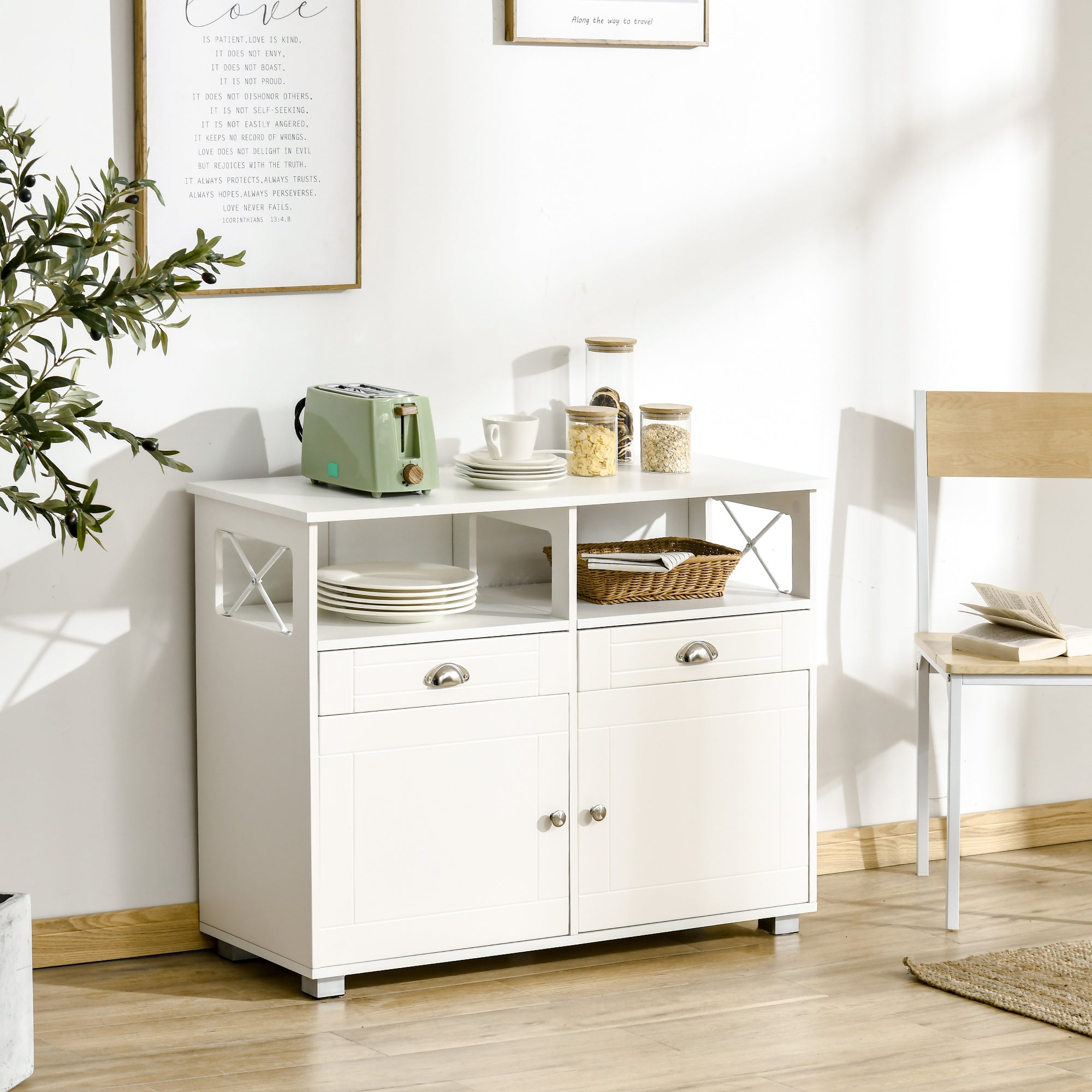 Sideboard Buffet Cabinet, Coffee Bar Cabinet, Kitchen Cabinet with Storage Drawers, Large Tabletop and Crossbar Side Design, White Bar Cabinets   at Gallery Canada