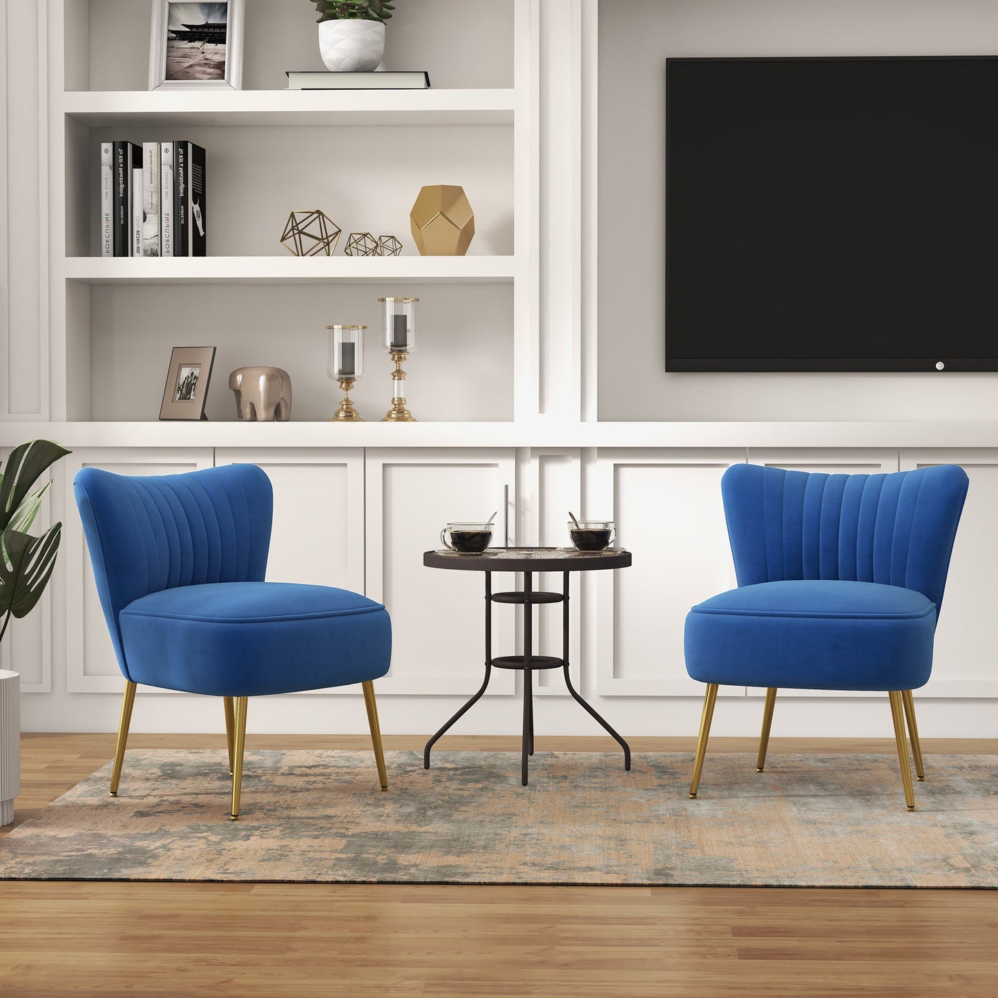 Velvet Lounge Chairs Set of 2, Modern Accent Chairs for Living Room with Gold Steel Legs and Tufting Backrest, Dark Blue Accent Chairs   at Gallery Canada