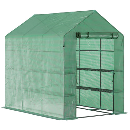 84"x 56" x 77" Walk-in Greenhouse 2-Tier Flower Rack Outdoor Plant Garden PE Cover Steel Frame with Roll up Door, Green Walk In Greenhouses Green  at Gallery Canada