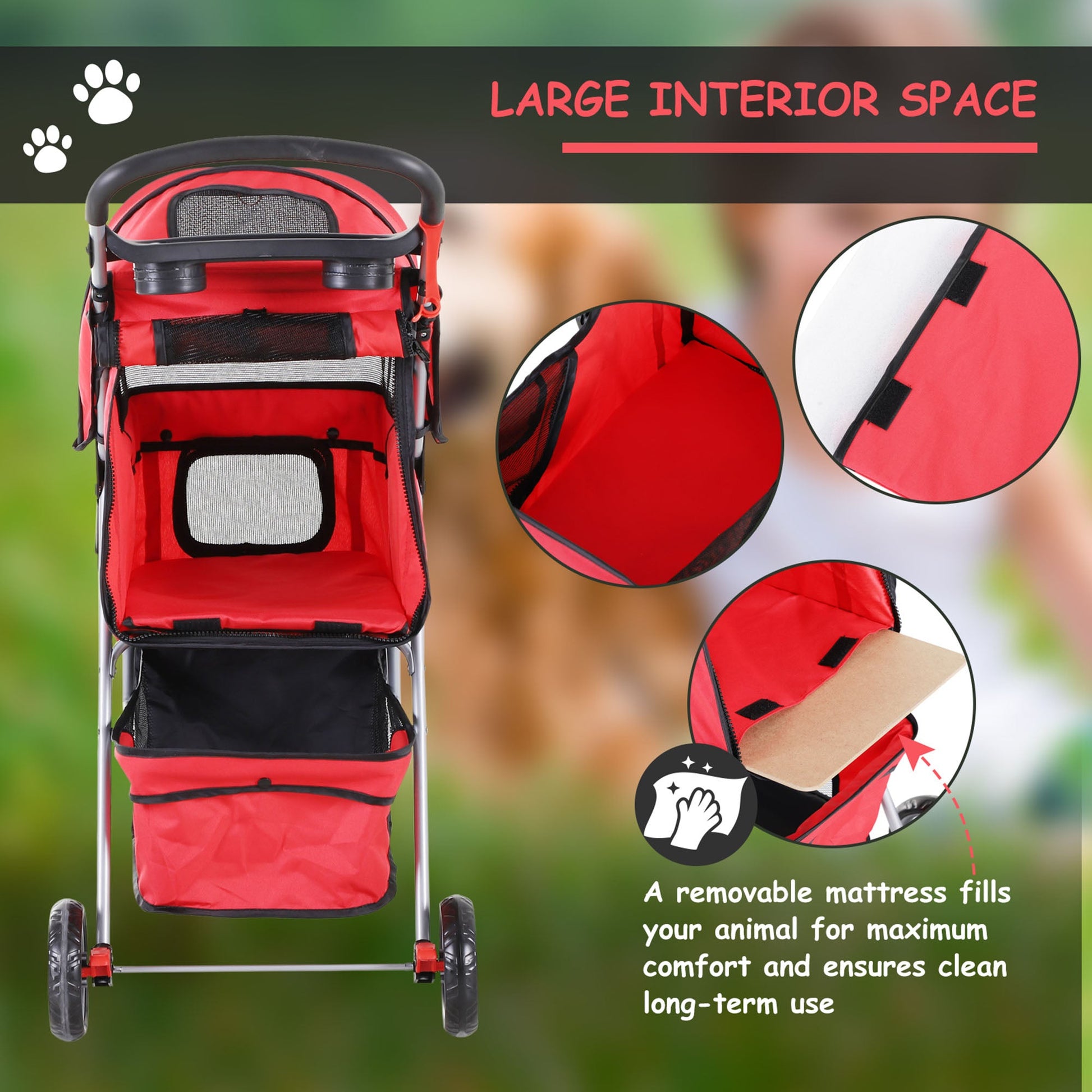 Deluxe 3 Wheels Pet Stroller Foldable Dog Cat Carrier Strolling Jogger with Brake, Canopy, Cup Holders and Bottom Storage Space (Red) Dog Bike Trailers & Strollers   at Gallery Canada