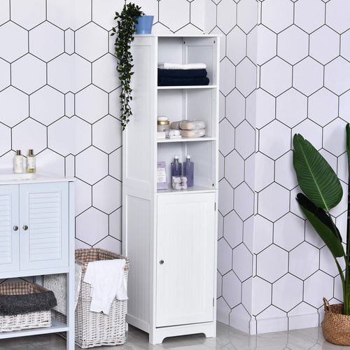 Tall Bathroom Storage Cabinet, Freestanding Tower Cabinet with Adjustable Shelf, 3 Open Shelves, White