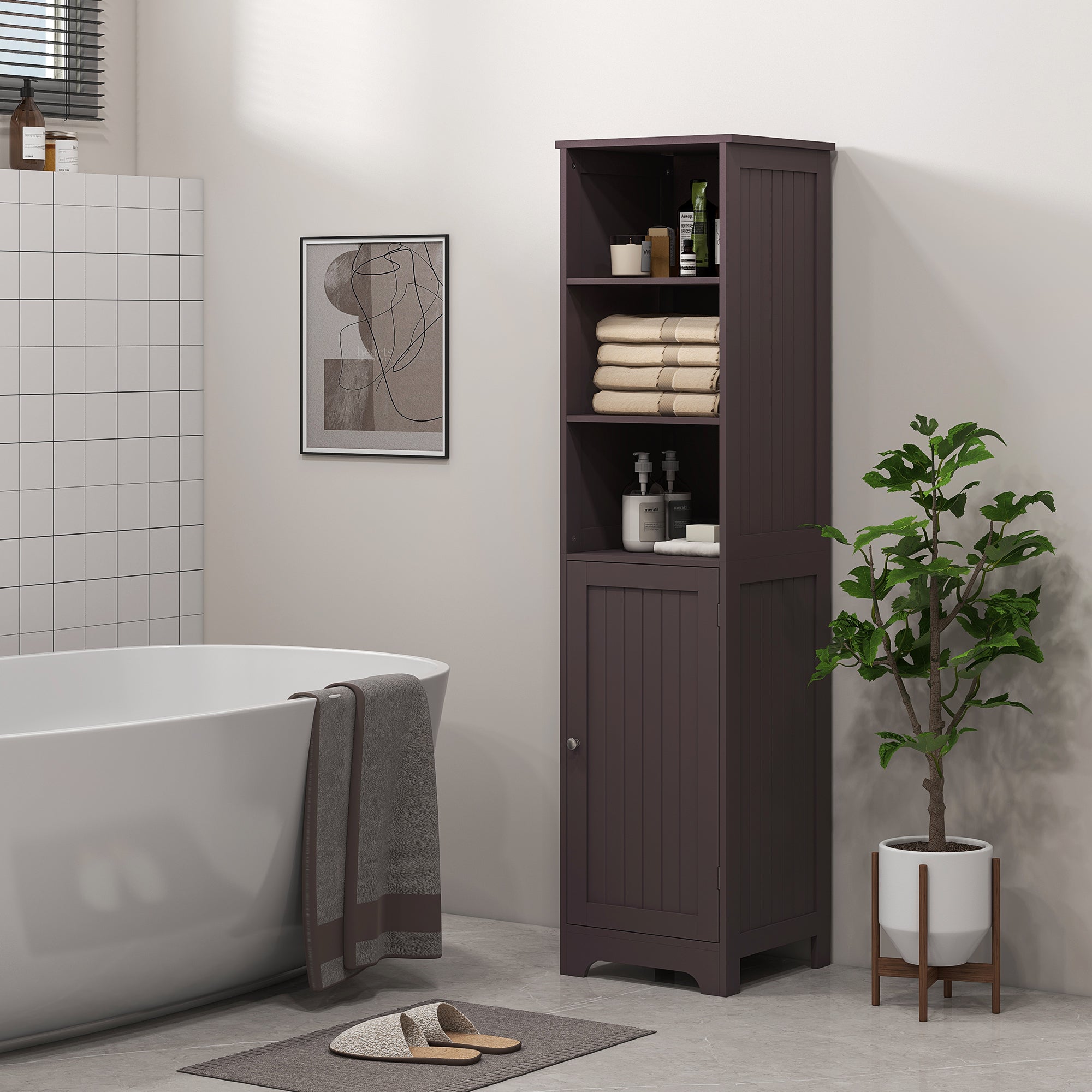 Tall Bathroom Storage Cabinet, Freestanding Tower Cabinet with Adjustable Shelf, 3 Open Shelves, Dark Brown Bathroom Cabinets   at Gallery Canada