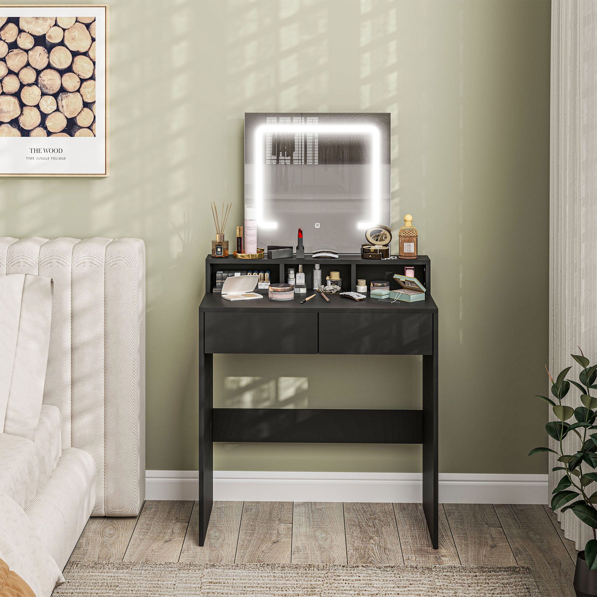 Makeup Vanity Desk with Mirror and LED Lights, for Bedroom, Modern Dressing Table with Drawers, Compartments, Black Dressing & Vanity Tables   at Gallery Canada