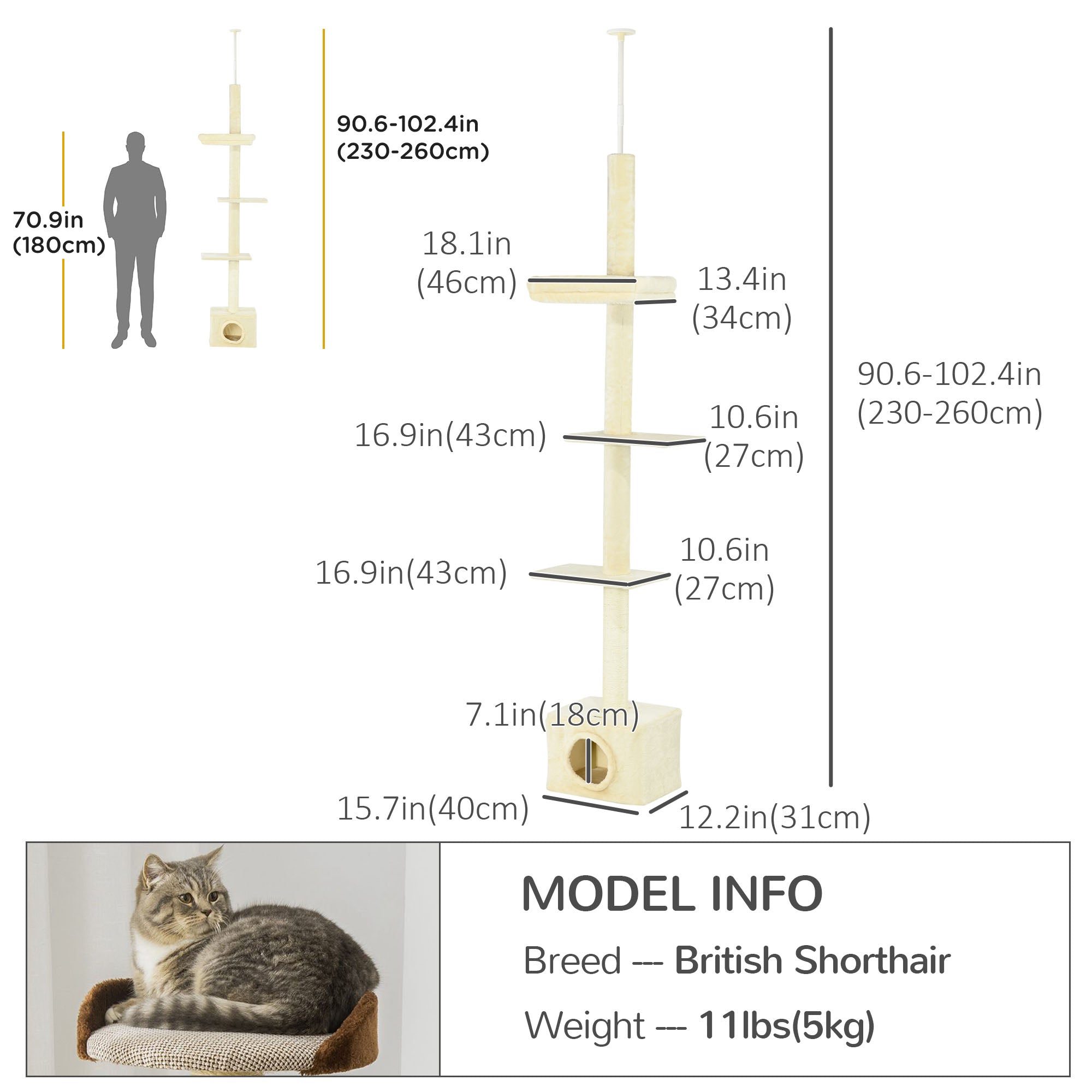 Floor to Ceiling Cat Tree with Scratching Post for Indoor Cats, Adjustable Height Cat Tower (91-102 Inches) with House, Bed, Beige Floor to Ceiling Cat Trees at Gallery Canada
