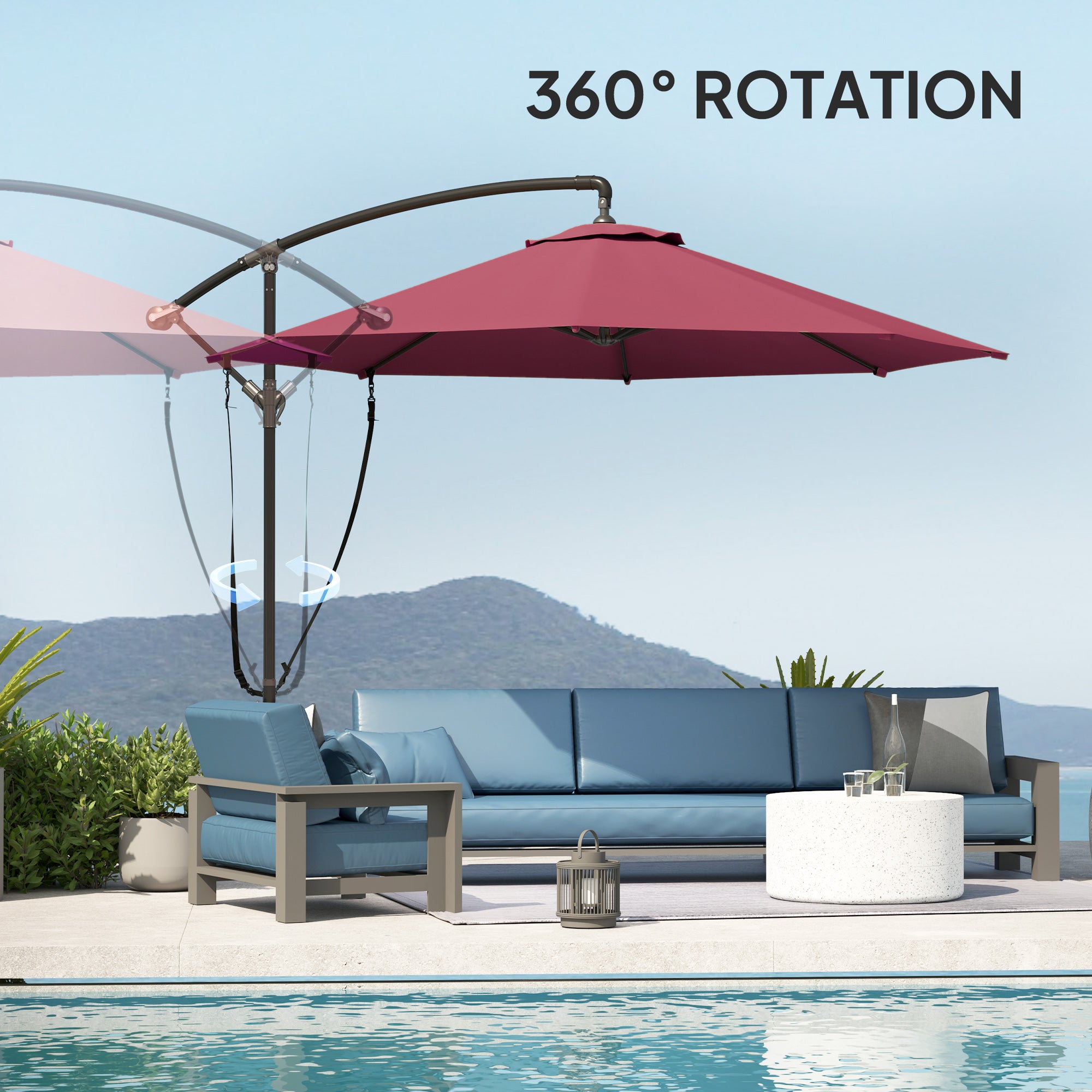 9.5' Cantilever Umbrella with Wind Protection Strap and Cover, Hanging Umbrella with Crank and Cross Base, UPF 50+, Red Offset Cantilever Umbrellas at Gallery Canada