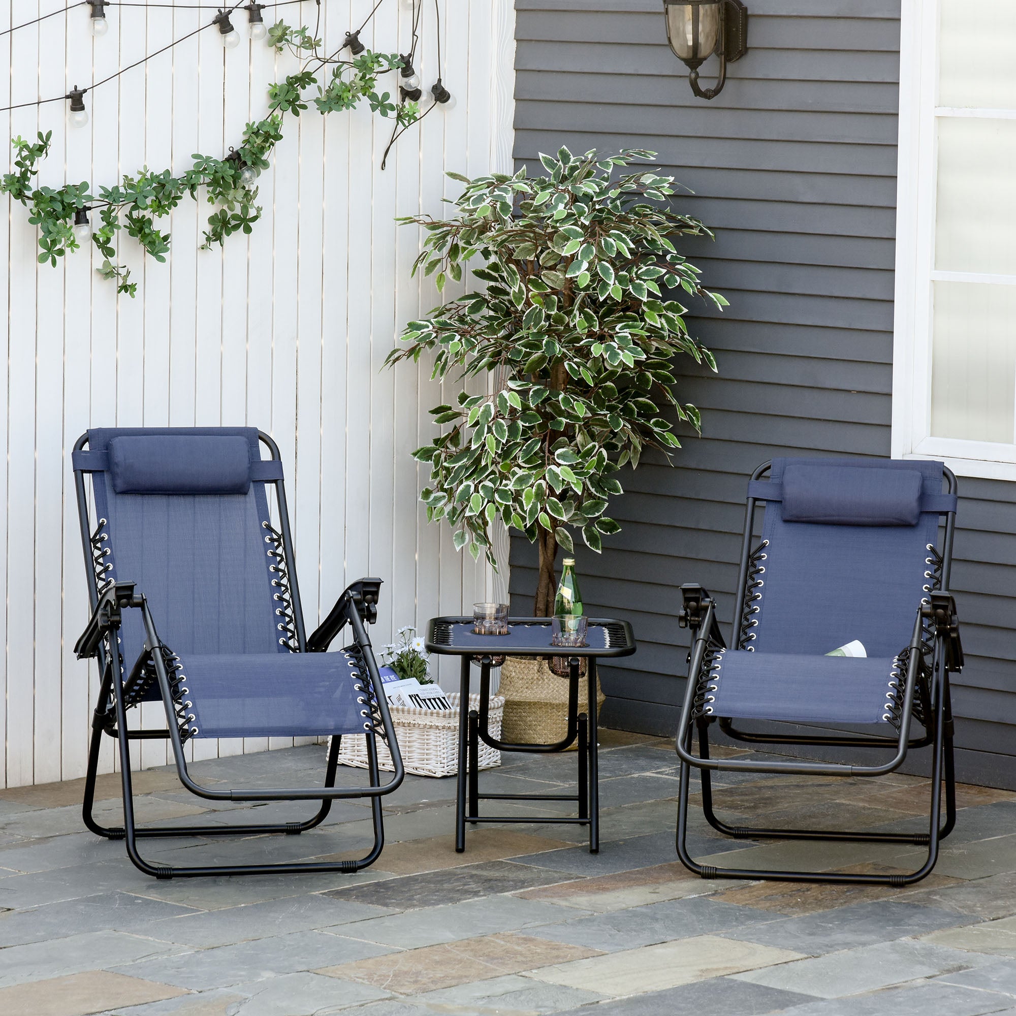 Zero Gravity Lounger Chair Set with Side Table, Patio Chaise Lounge, Cup Holders &; Adjustable Headrest, Blue Lounger Chairs Blue  at Gallery Canada