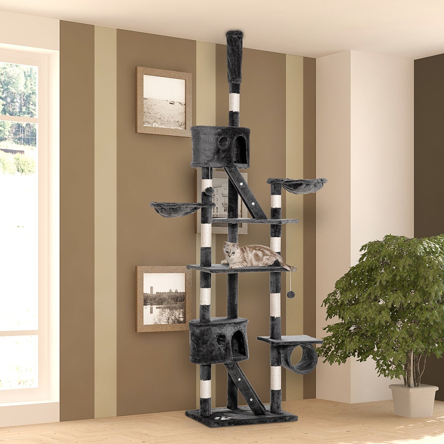 94"-102" Floor to Ceiling Cat Tree High Cat Condo Scratching Post Activity Center Multi-Level Play House Dark Grey Floor to Ceiling Cat Trees   at Gallery Canada