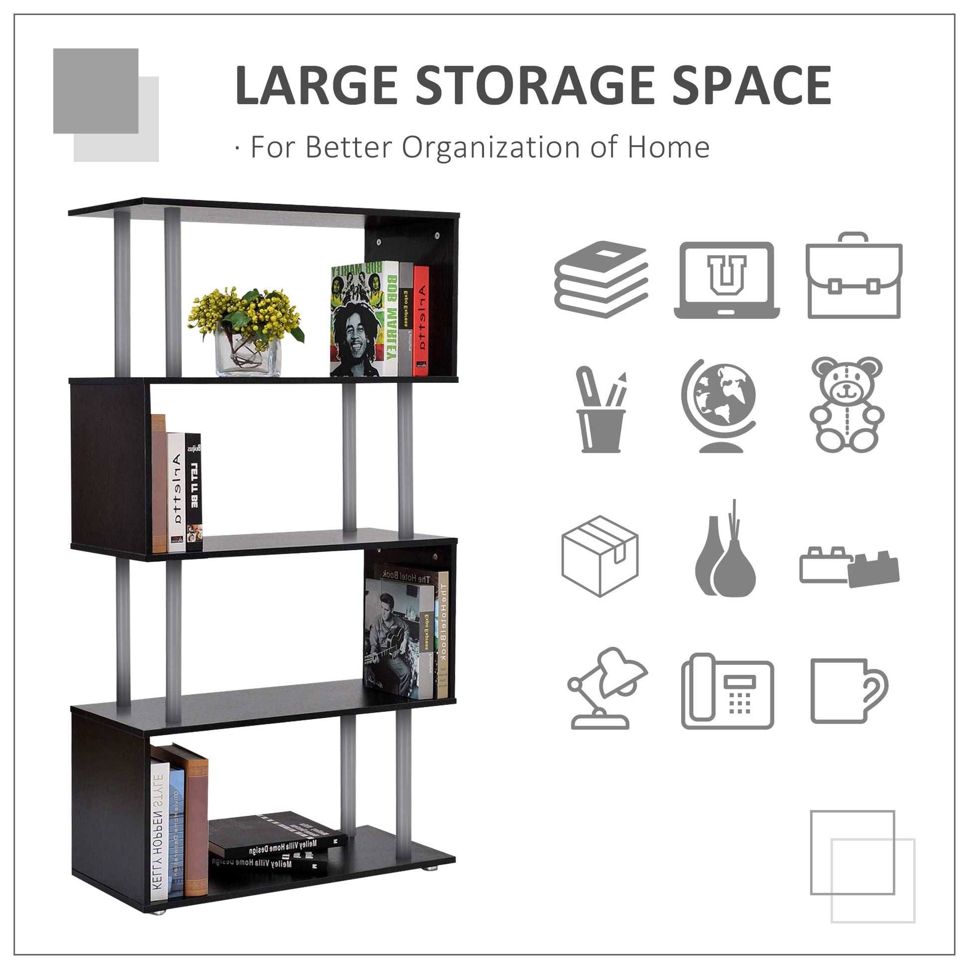 5-Tiers Wooden Bookcase Z-Shape Storage Bookshelf Display with Metal Frame for Living Room, Bedroom, Office, Black Display Bookshelves   at Gallery Canada