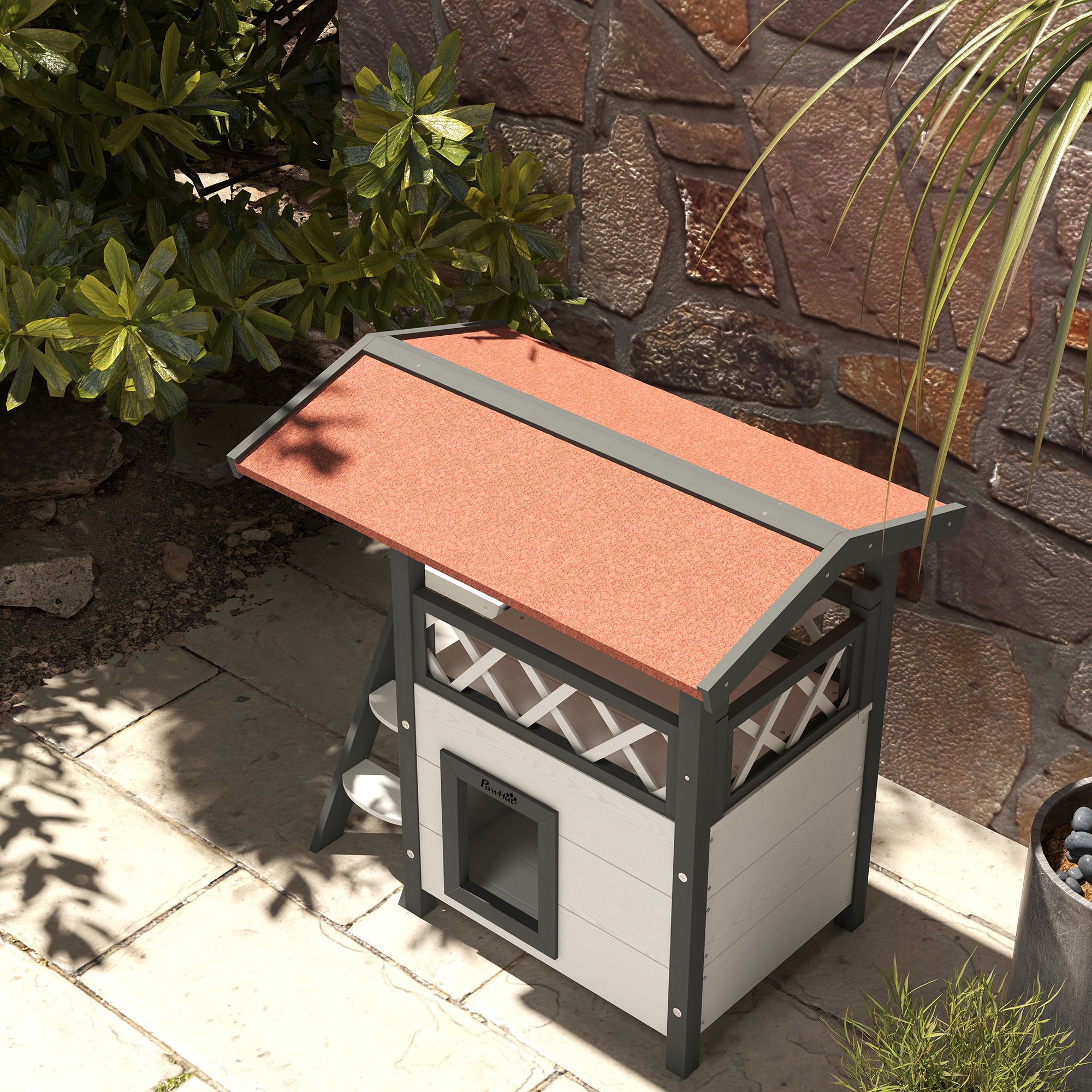 Wooden 2-Story Shelter for Feral Cats with Asphalt Roof, Stairs, Balcony, 30