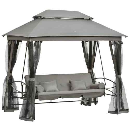 3 Person Outdoor Patio Daybed, 3 in 1 Canopy Gazebo Swing Chair Garden Hammock with Sun Shade, Mesh Mosquito and Net, Dark Grey