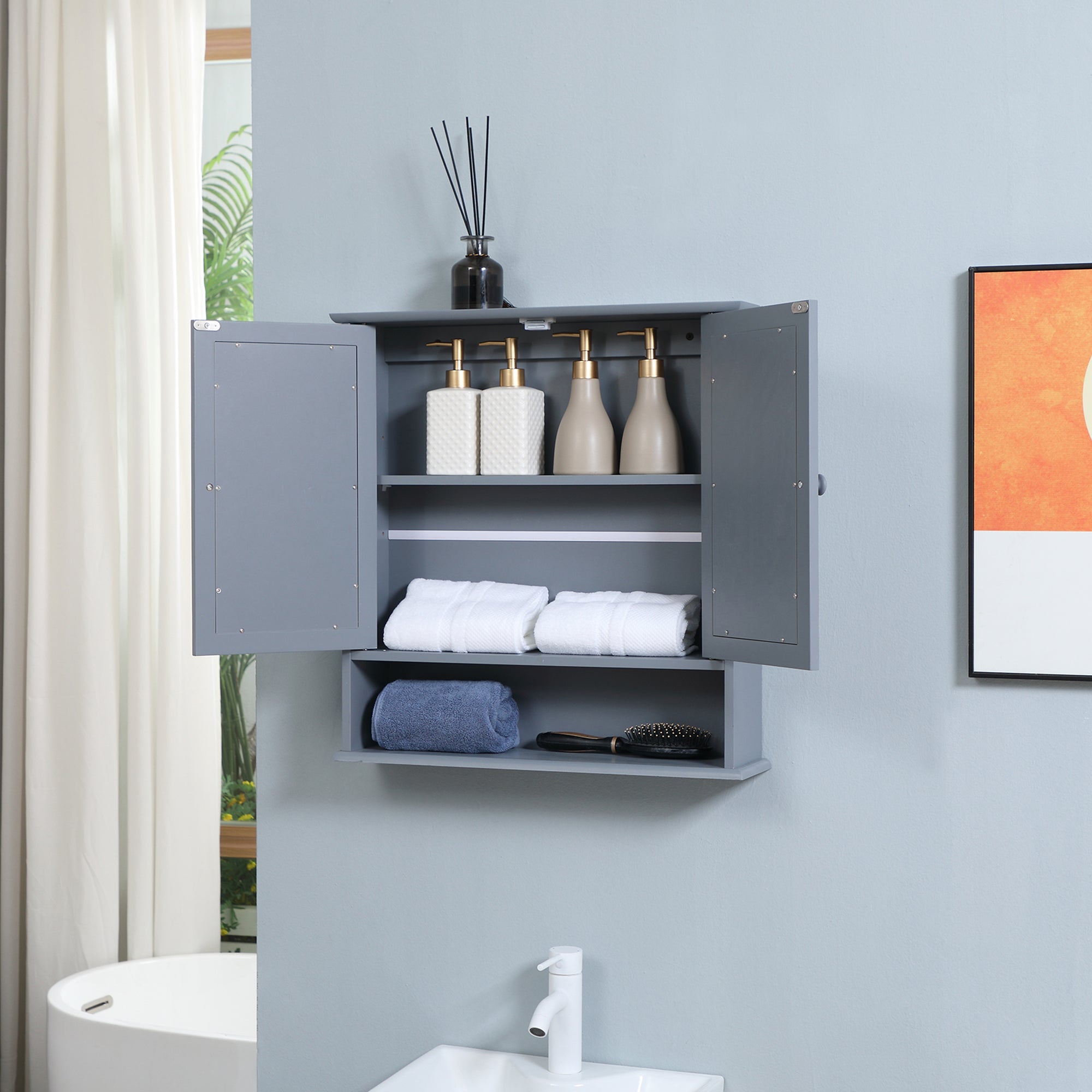 Medicine Cabinet, Wall-Mounted Bathroom Mirror Cabinet with Double Doors, Open Shelf, and Adjustable Shelf, Modern Bathroom Wall Cabinet, Grey Mirror Medicine Cabinets at Gallery Canada