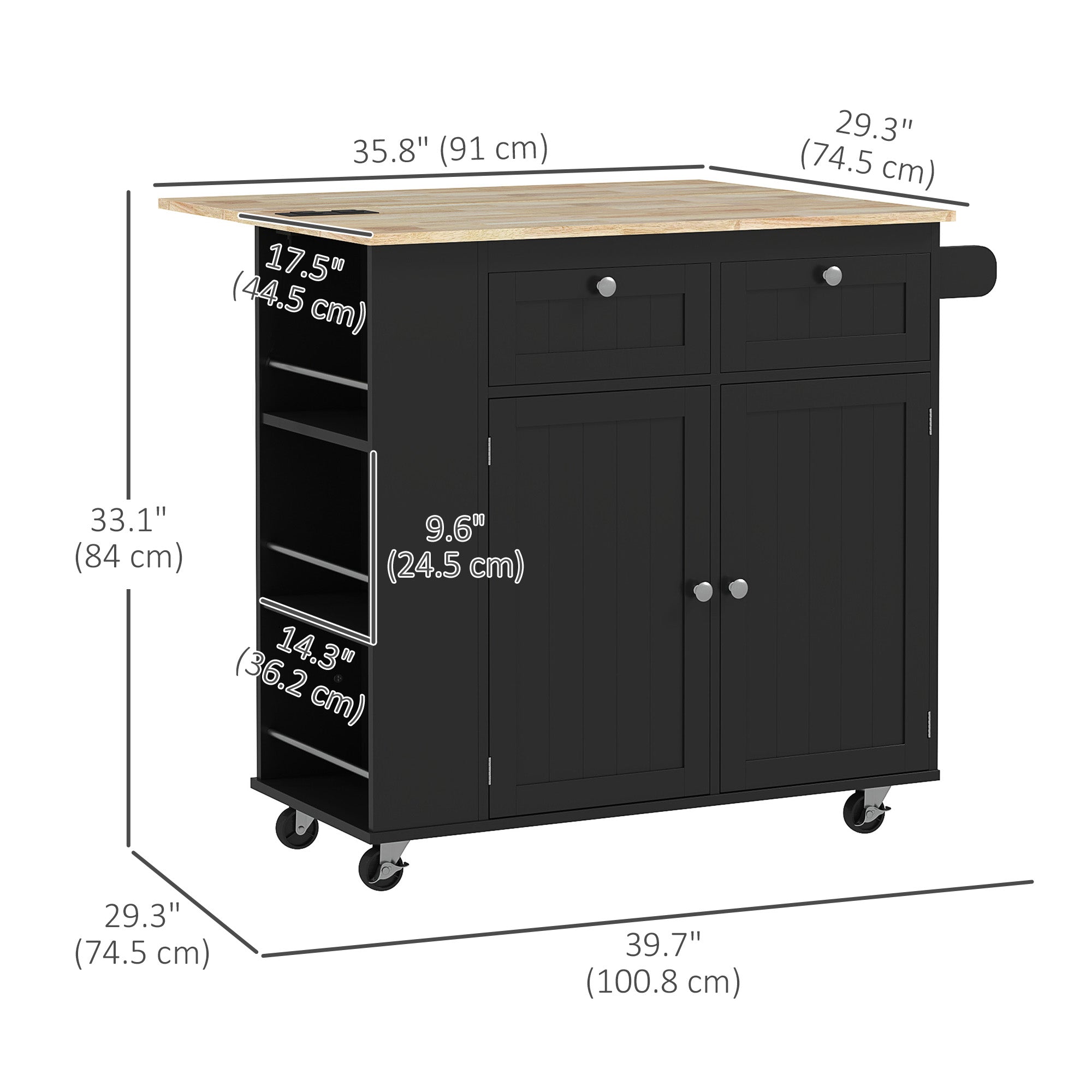 Kitchen Island with Power Outlet and Drop Leaf, Rolling Kitchen Cart with 2 Drawers and Adjustable Shelves, Black Kitchen Islands & Kitchen Carts at Gallery Canada