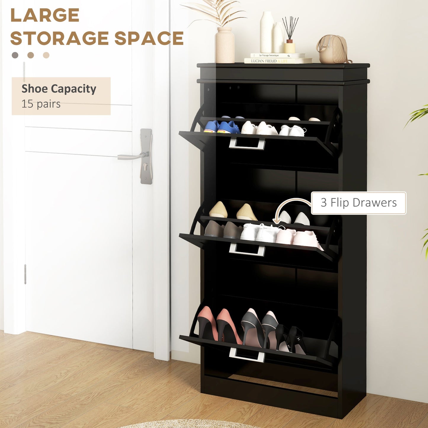 Shoe Storage Cabinet with 3 Flip Drawers and Adjustable Shelves, Narrow Shoe Cabinet for 15 Pairs of Shoes, Black Shoe Storage Cabinets & Racks   at Gallery Canada