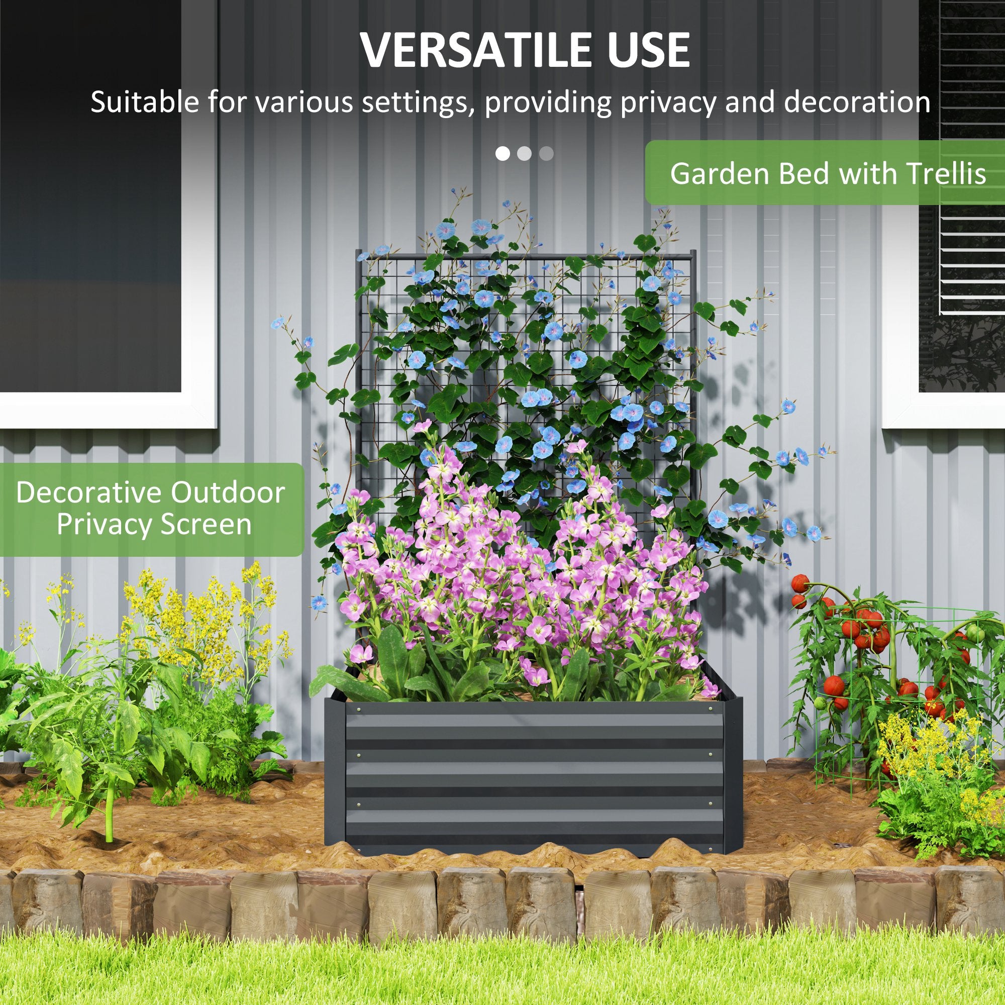 Galvanized Raised Garden Bed with Trellis for Climbing Plants, Outdoor Planter Box with Open Bottom, Dark Grey Raised Garden Beds at Gallery Canada