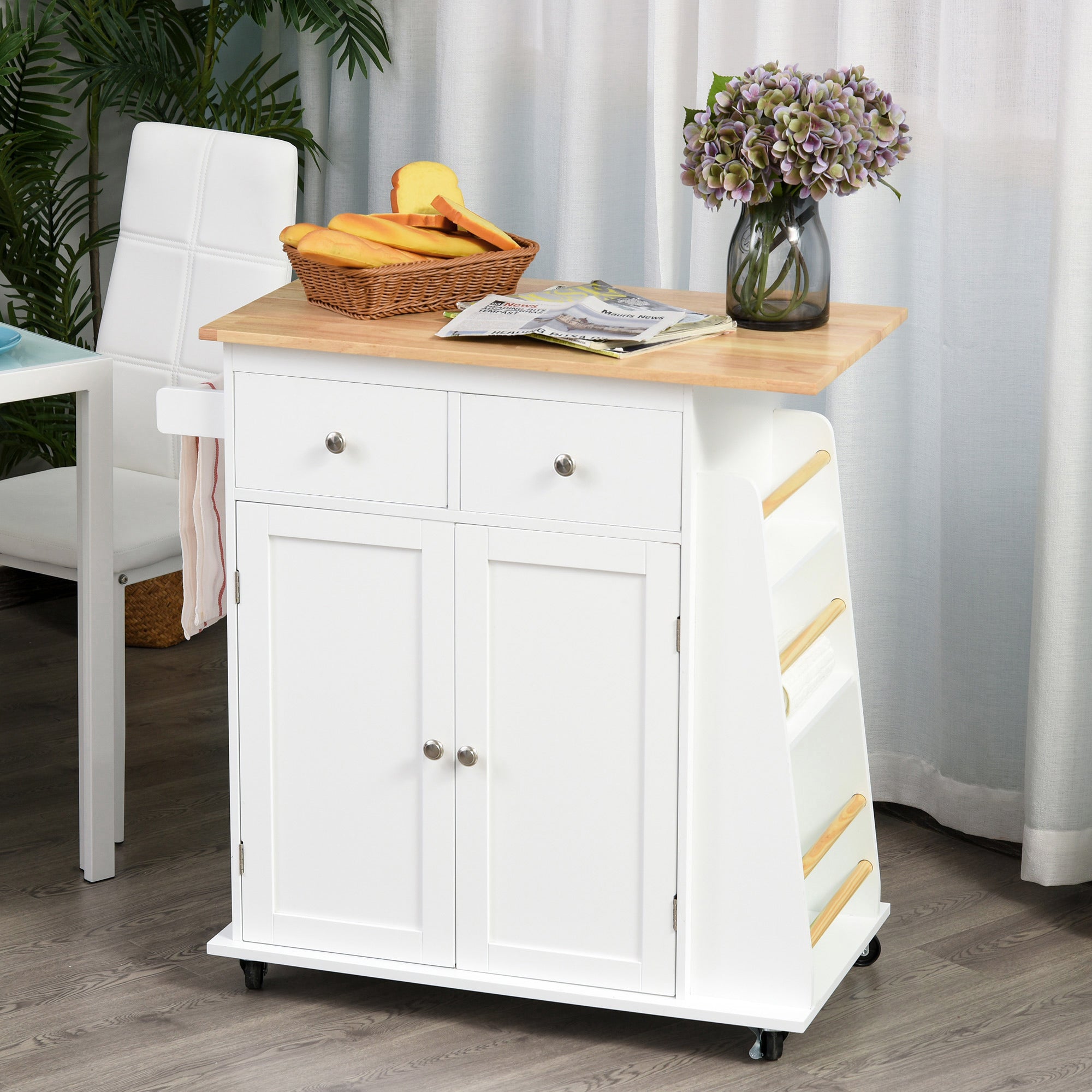 Rolling Kitchen Island Trolley Storage Cart with Rubber Wood Top, 3-Tier Spice Rack, Towel Rack Home Kitchen Carts, White Kitchen Islands & Kitchen Carts at Gallery Canada
