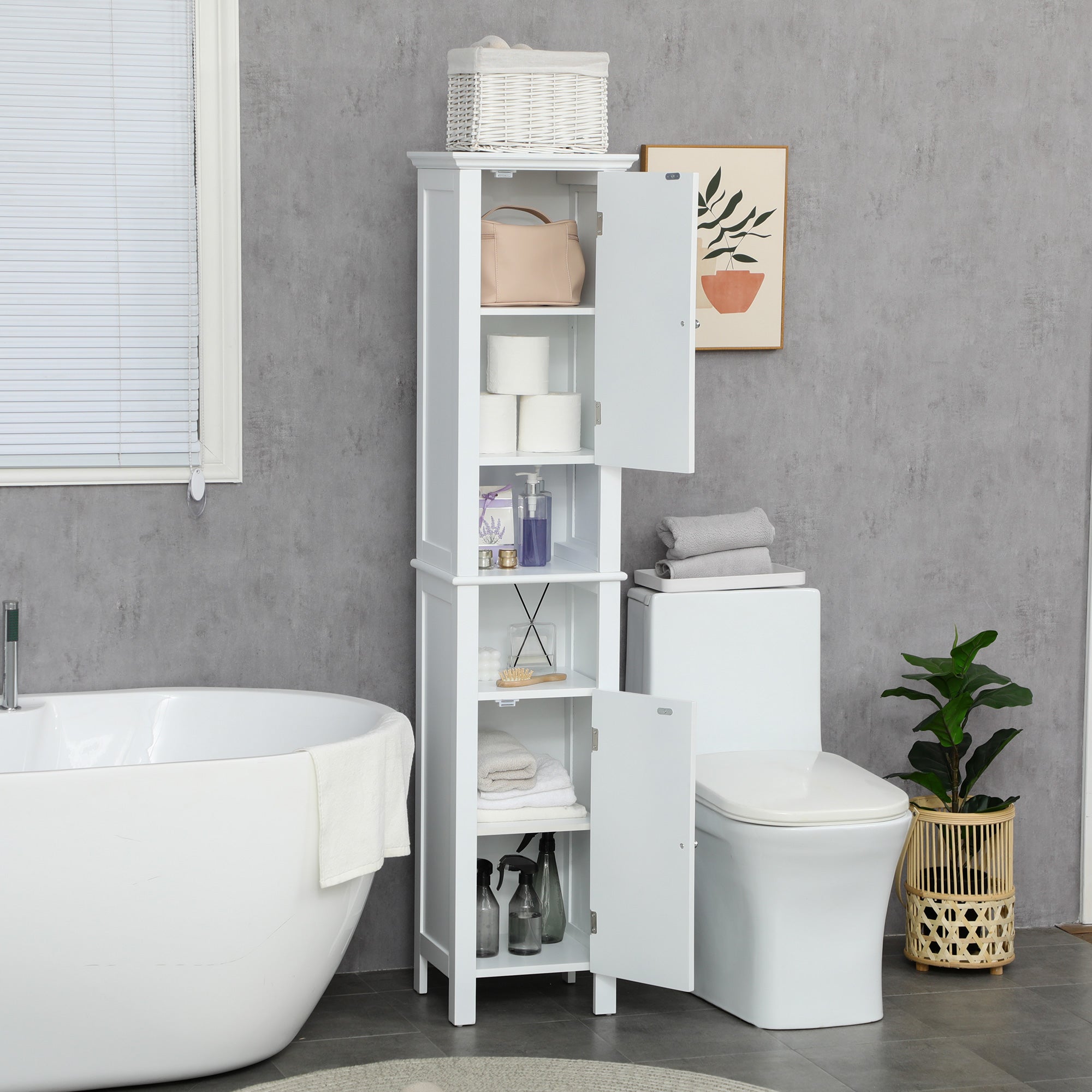 Bathroom Cabinet, Freestanding Linen Cabinet with Open Shelves and Cupboards, 13.8