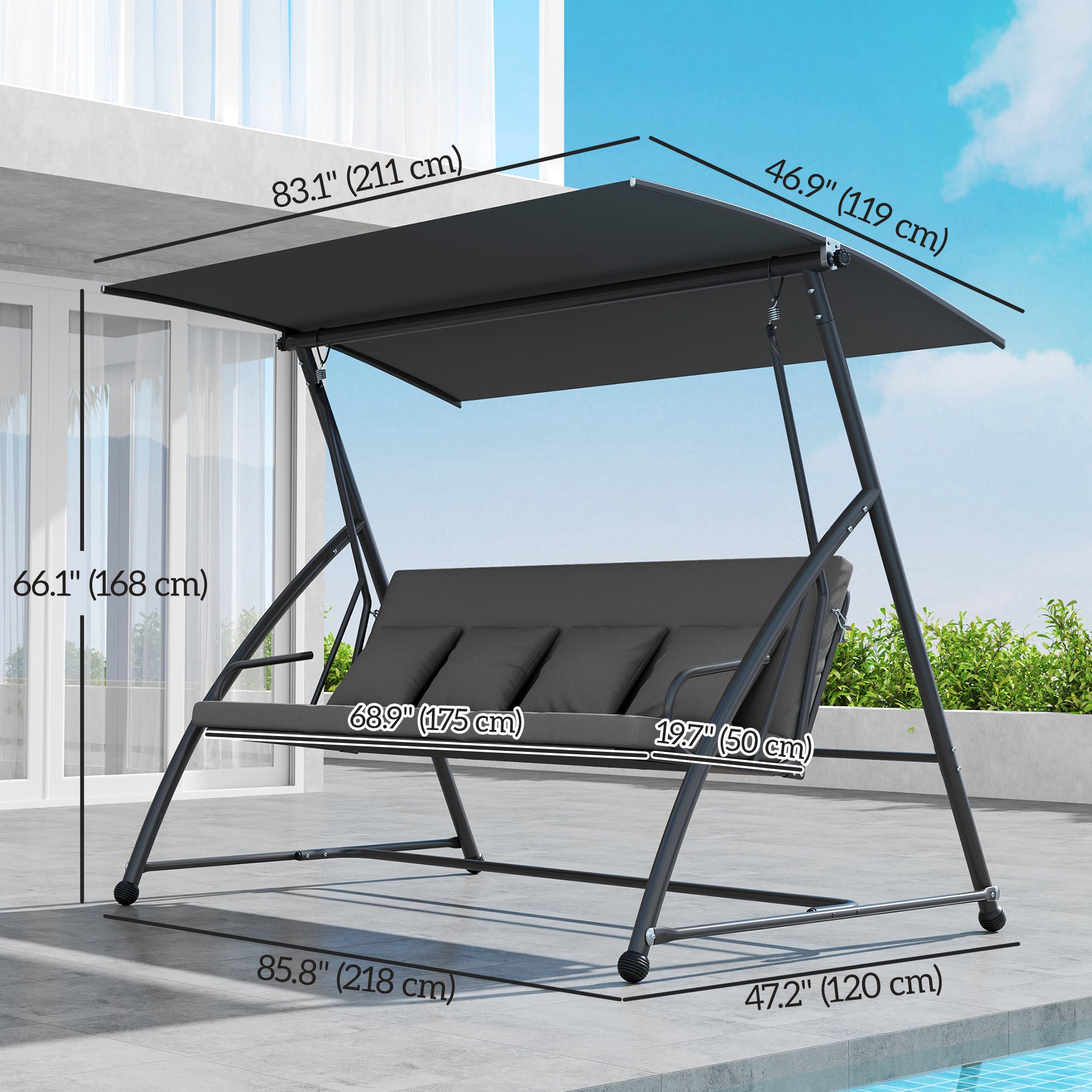 Patio Swing Chair, 3 Person Convertible Hammock, Outdoor Swing Lounge Bed, Cushioned with Tilt Canopy, Dark Grey Porch Swings with Canopy at Gallery Canada