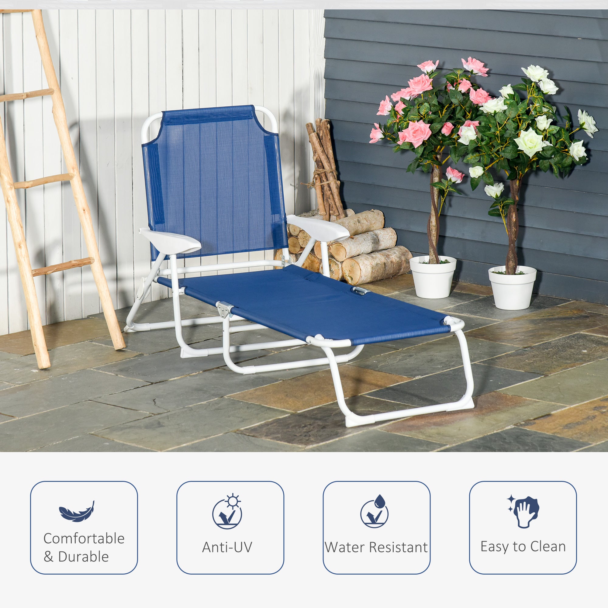 Outdoor Lounge Chair, Patio Garden Folding Chaise Lounge Sun Beach Reclining Tanning Chair with 4-Level Adjustable Backrest, Blue Lounger Chairs   at Gallery Canada