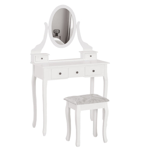 Wooden Vanity Table Set, Makeup Dressing Table with 360° Rotating, 5 Drawers and Padded Stool, White