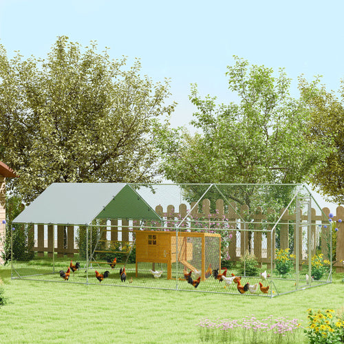 Large Metal Chicken Run with Waterproof &; UV-Resistant Cover, Feeding Door, Hanging Feeder, Perch for 18-24 Chickens