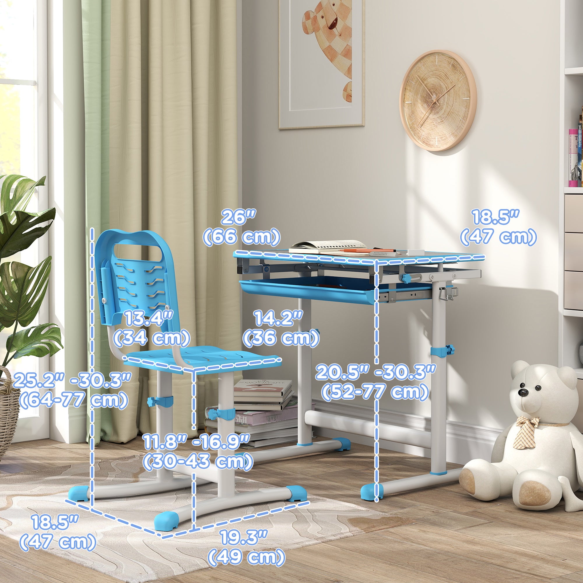 Height Adjustable Study Table and Chair Set with Drawer, Pen Slot, Tiltable Desktop, Hook, Blue Kids Desk Sets   at Gallery Canada