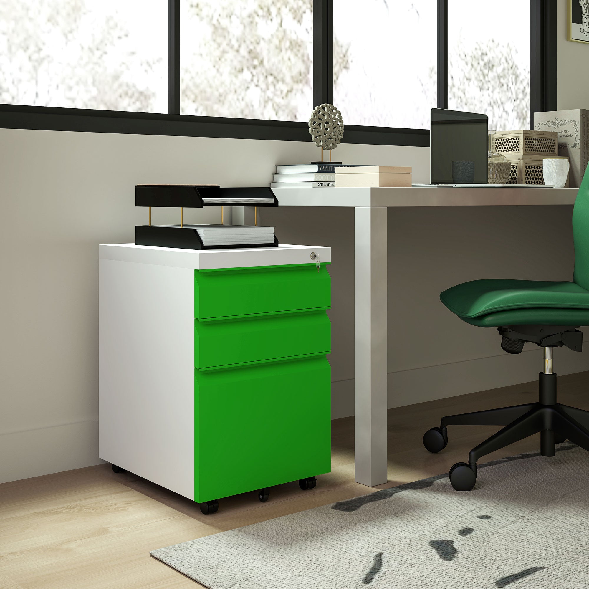3 Drawer Filing Cabinet, Lockable Office Storage Cabinet on Wheels for Legal, Letter, A4 Files, Green Office Cabinets & Cupboards at Gallery Canada