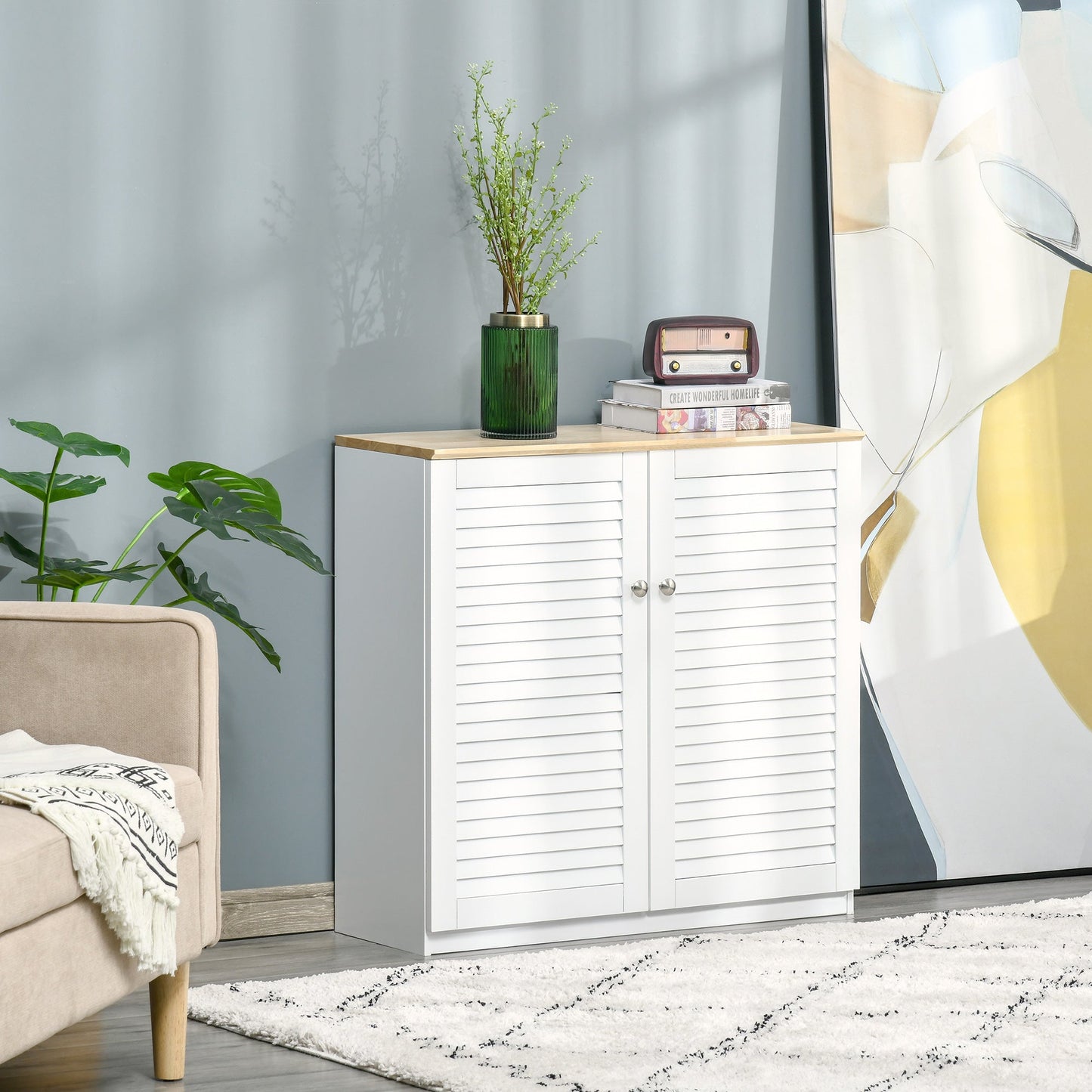 Storage Cabinet Kitchen Sideboard with Louvered Doors, Freestanding Bathroom Cabinet for Living Room, Hallway, White Storage Cabinets   at Gallery Canada